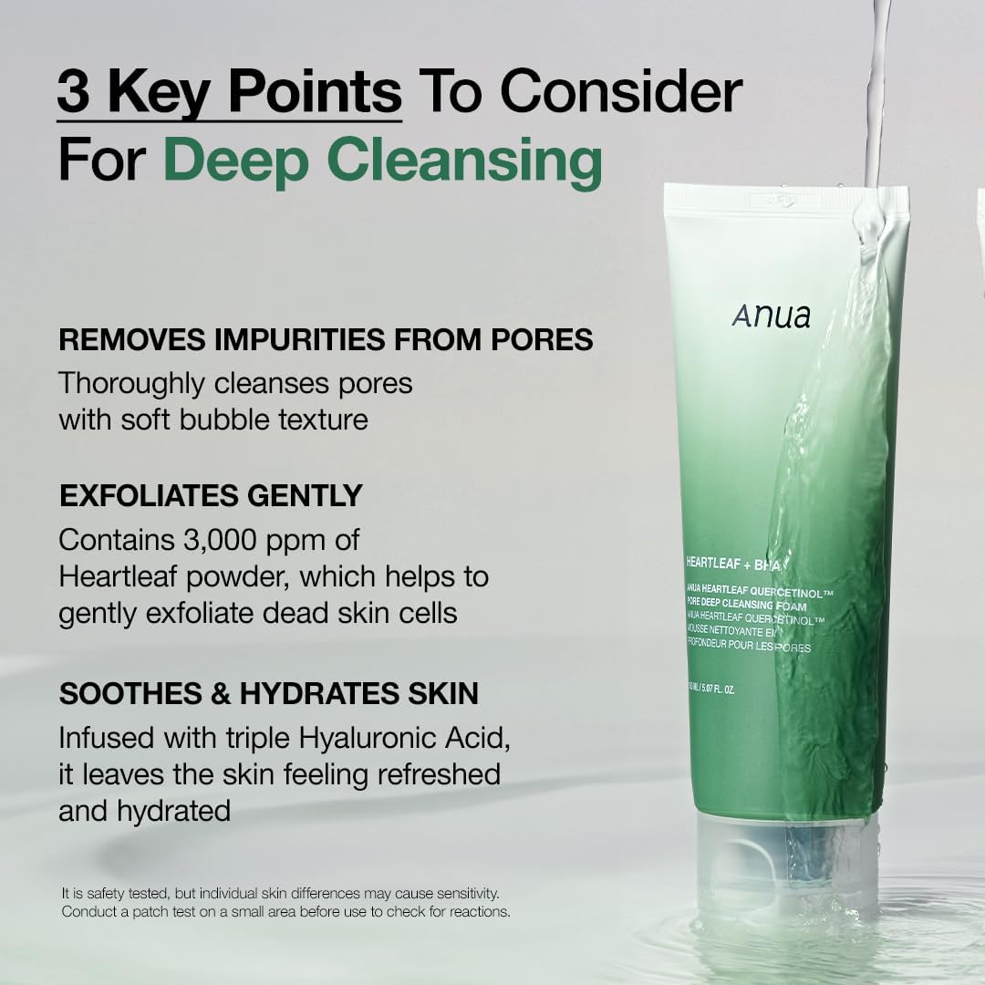 ANUA Heartleaf Quercetinol Pore Deep Cleansing Foam, Facial Cleanser, for Double Cleansing, BHA, Hyaluronic Acid, Glycerin, Face Wash, Blackhead Remover 150ml