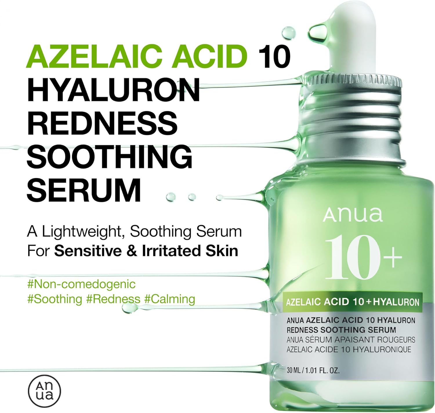 Anua Azelaic Acid 10 Hyaluron Redness Soothing Serum, Facial Serum for Sensitive skin, Hyaluronic Acid, Niacinamide, Spot Care, Natural Color, Vegan, Korean Skincare