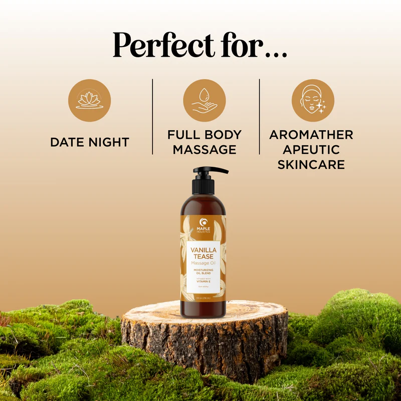 Maple Holistics Vanilla Sensual Massage Oil for Couples - Irresistible Full Body Massage Oil for Date Night with Smooth Gliding Coconut and Sweet Almond Oil with Dreamy Vanilla Scent - Non GMO Gluten Free and Vegan