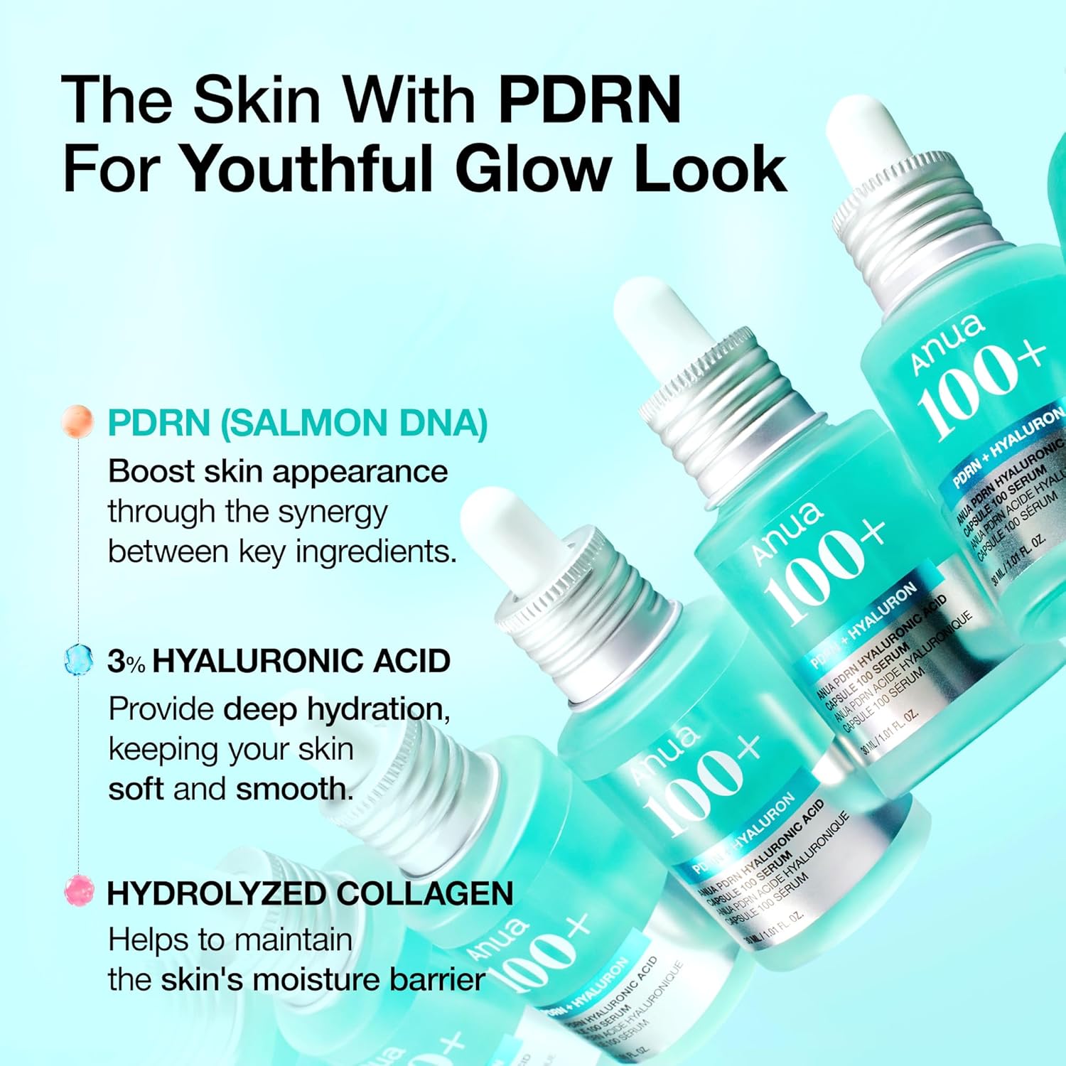 Anua PDRN Hyaluronic Acid Capsule 100 Serum, Radiant Face Serum, Hyaluronic Acid, Hydration, Moisture Plumping effect, Natural color, Fragrance free, Korean Skincare