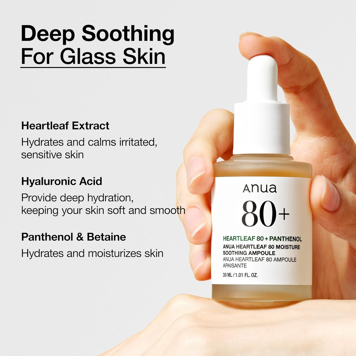 ANUA Heartleaf 80 Soothing Ampoule, Hydration Facial Serum for Glass Skin, Panthenol, Hyaluronic Acid, Non-Greasy, Gentle Formula, Lightweight Essence, Vegan, Korean Skin Care