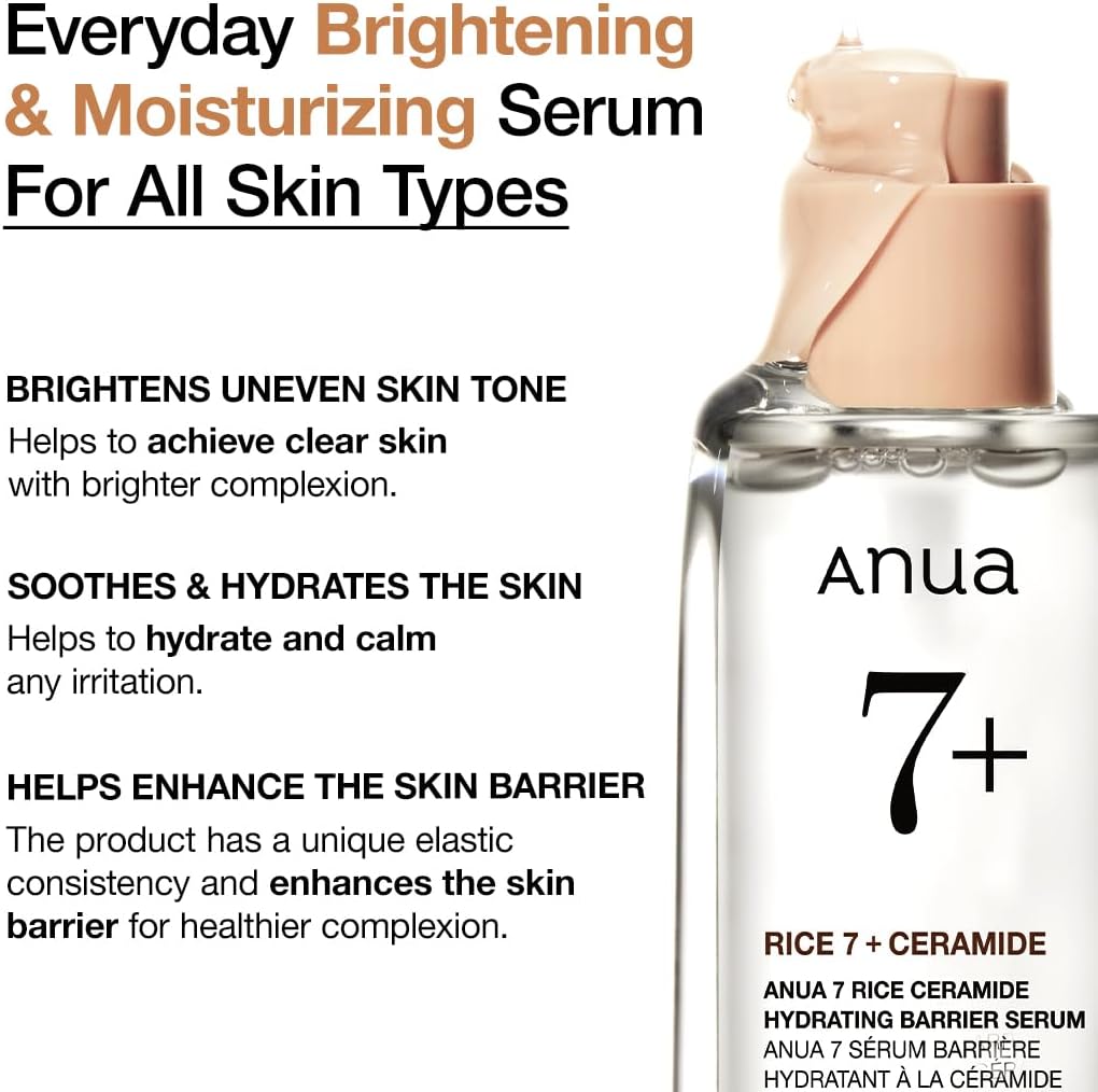 ANUA Rice Ceramide 7 Hydrating Barrier Serum, Brightening, Hydrating Serum for Face, Rice, Hyaluronic Acid, Niacinamide, Fragrance-free, Non comodogenic, Glass Skin, Korean Skin Care