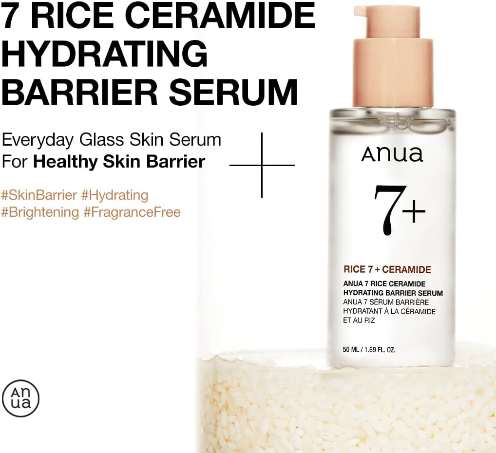 ANUA Rice Ceramide 7 Hydrating Barrier Serum, Brightening, Hydrating Serum for Face, Rice, Hyaluronic Acid, Niacinamide, Fragrance-free, Non comodogenic, Glass Skin, Korean Skin Care