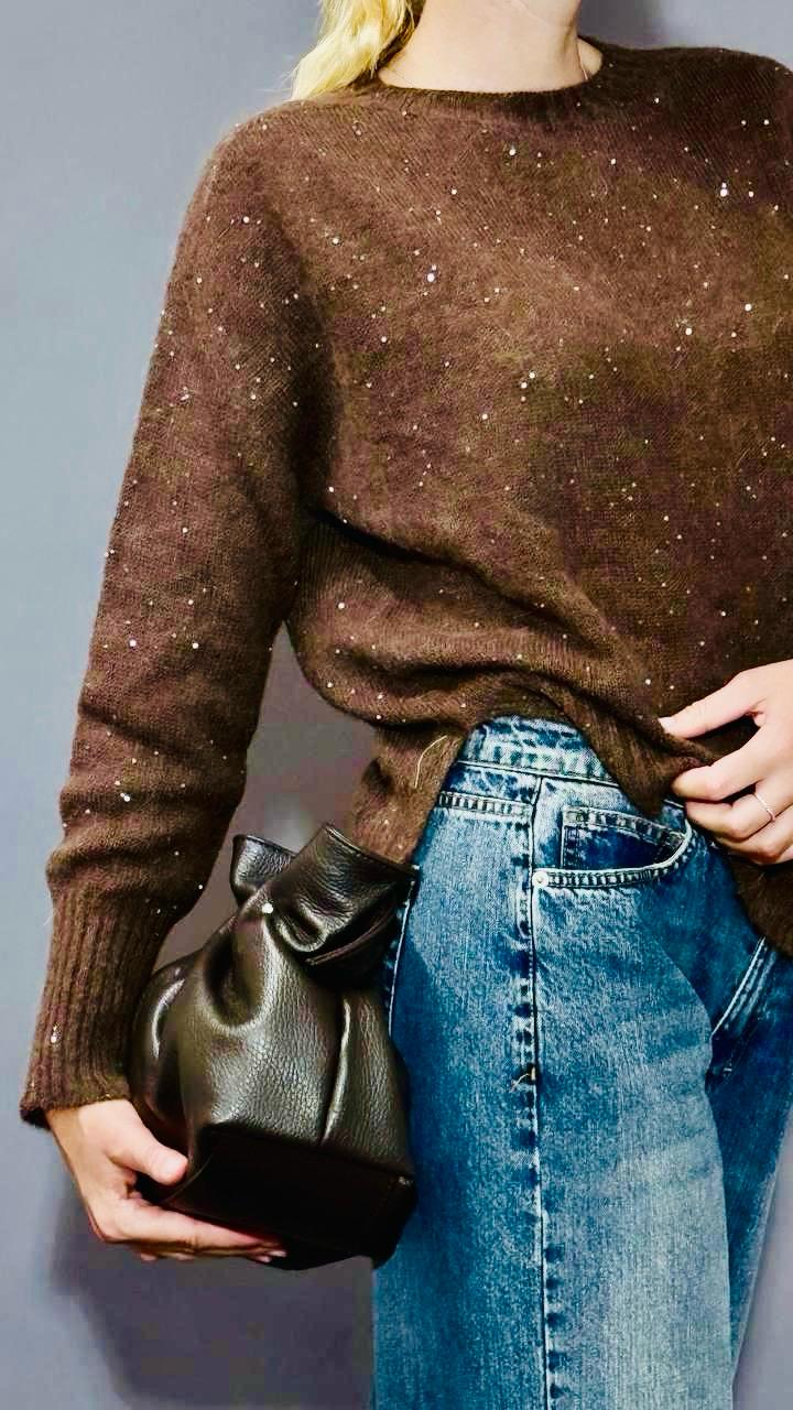 maglione donna melange con mini paillettes, women knitted melange sweather with mini sequins