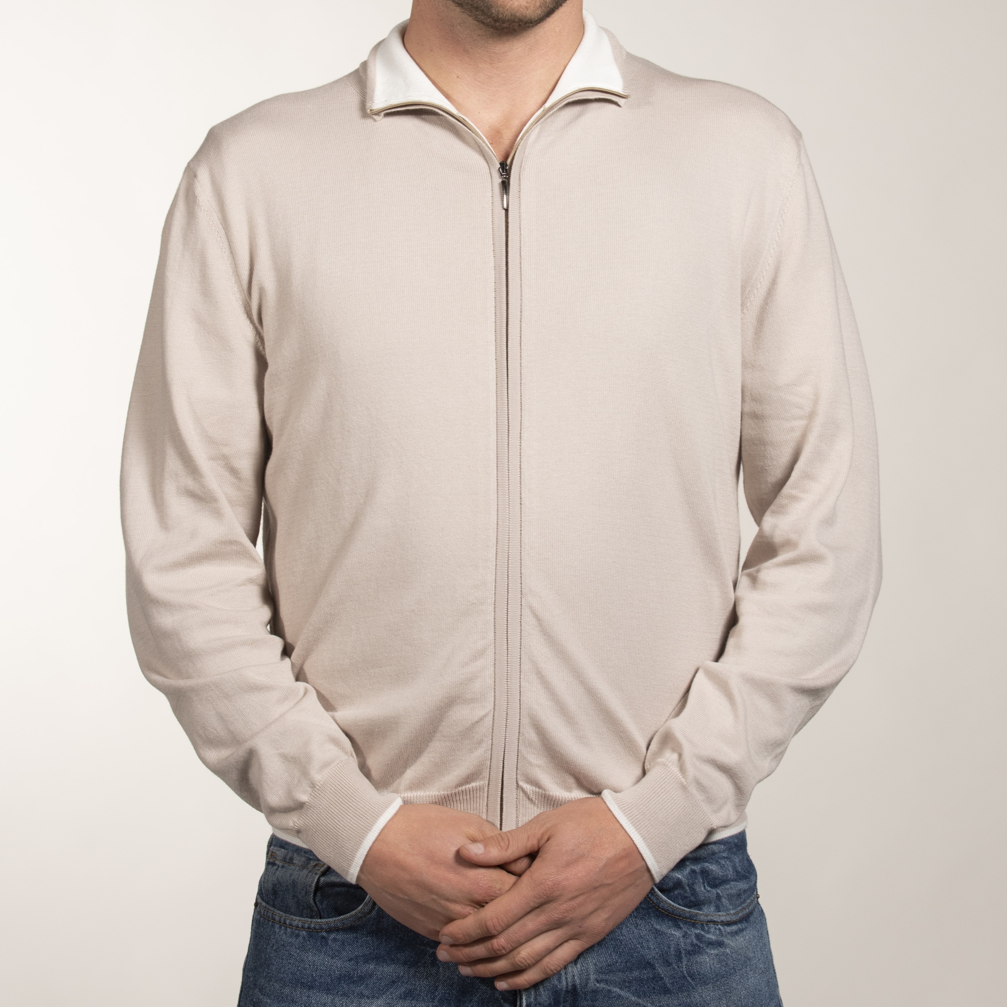 felpa uomo con collo alto e chiusura a zip , menswear highneck full-zip jumper in pure cotton