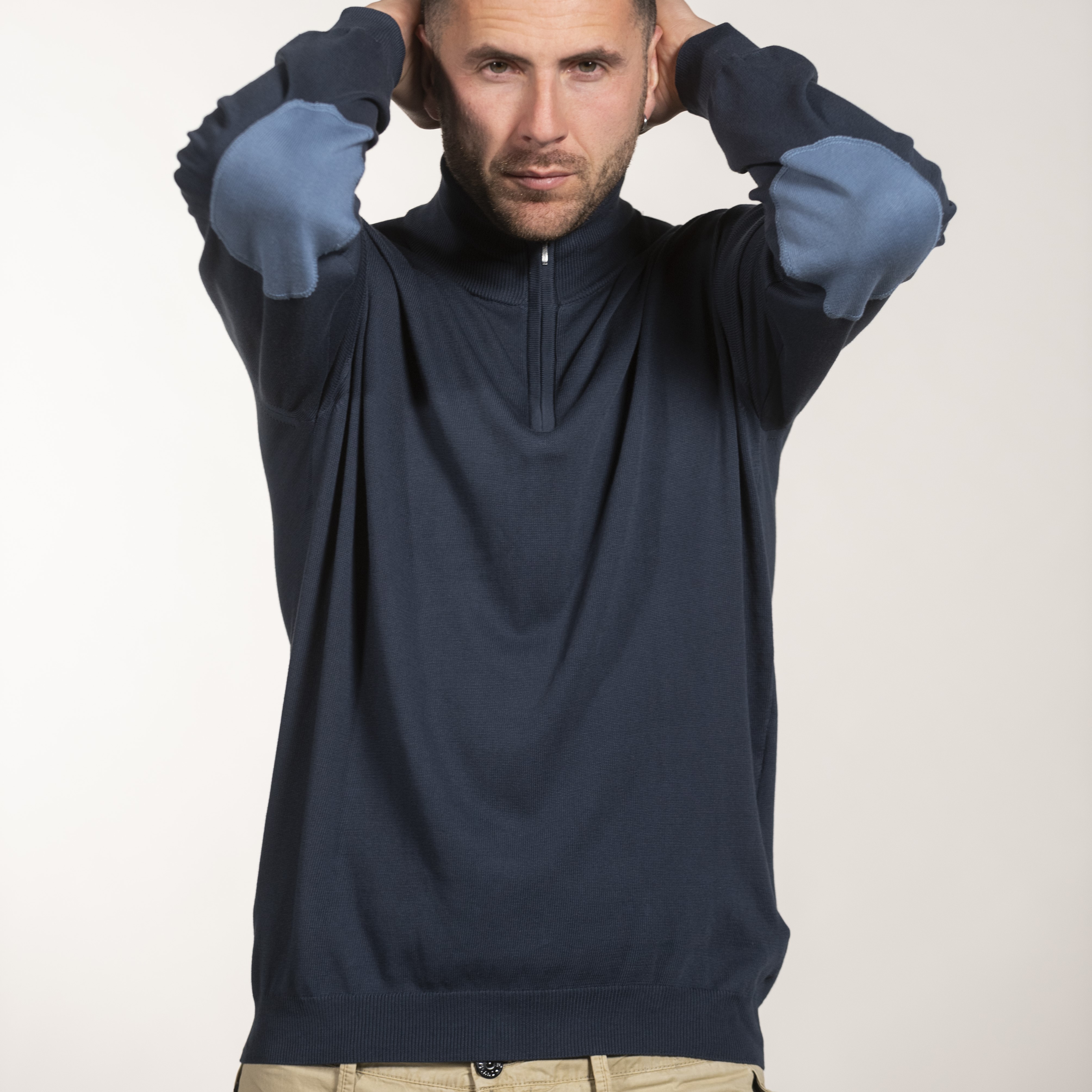 maglia lupetto mezza zip uomo pure cotone con toppe, menswear highneck half-zip pullover in pure cotton with patches