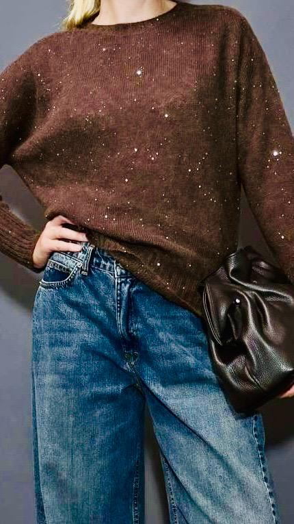 maglione donna melange con mini paillettes, women knitted melange sweather with mini sequins 