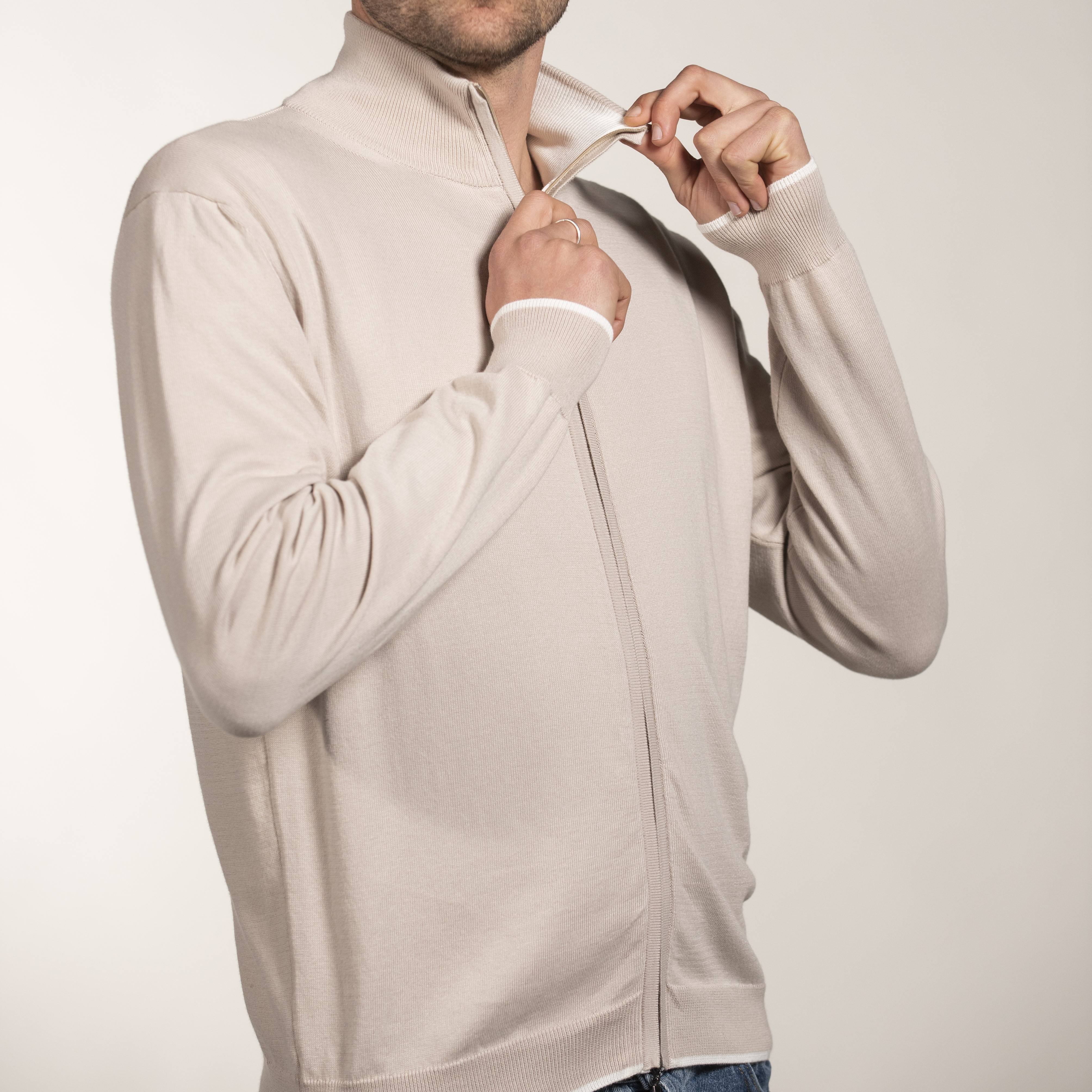 felpa uomo con collo alto e chiusura a zip , menswear highneck full-zip jumper in pure cotton