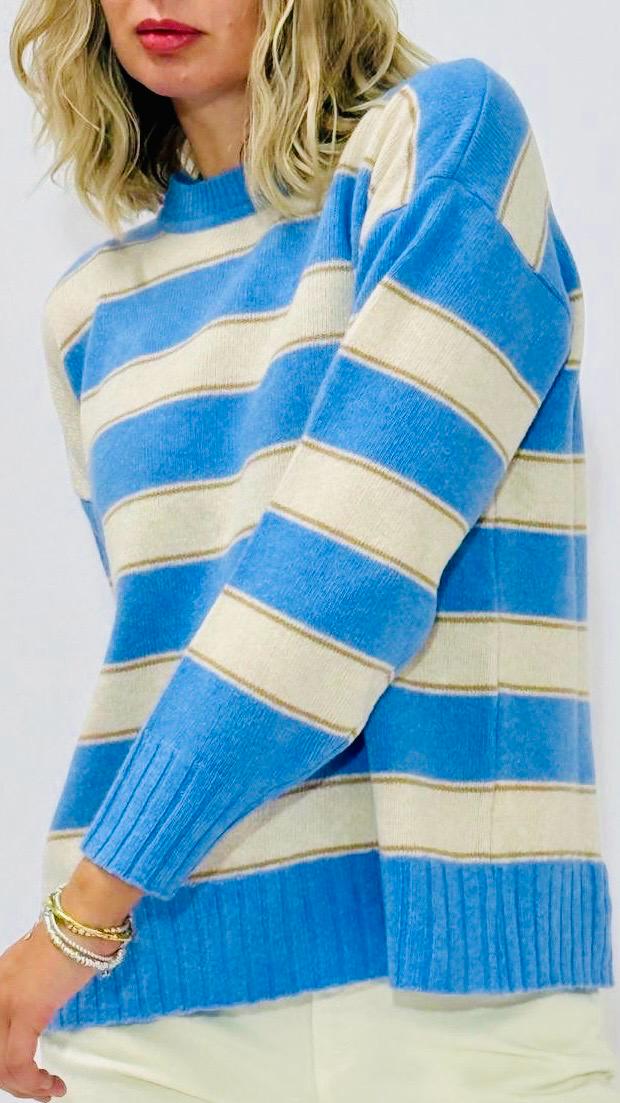 maglia donna a righe in lana merinos extrafine, women extrafine merinos striped sweather