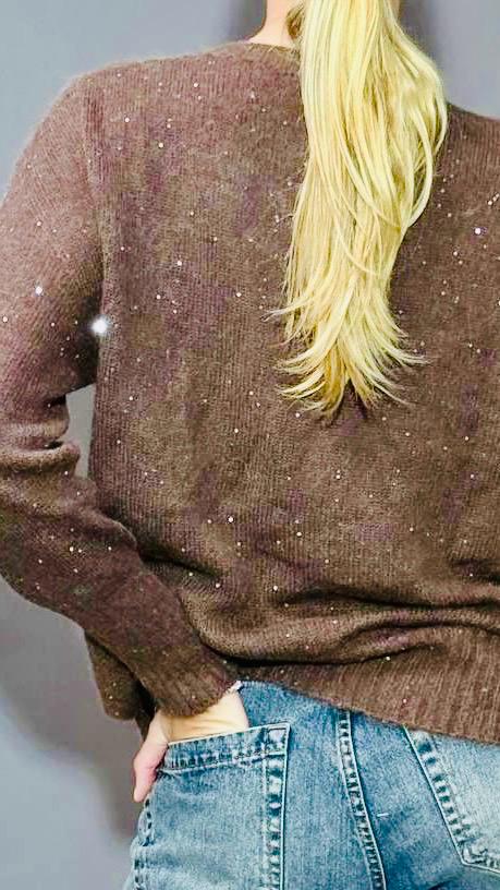maglione donna melange con mini paillettes, women knitted melange sweather with mini sequins 