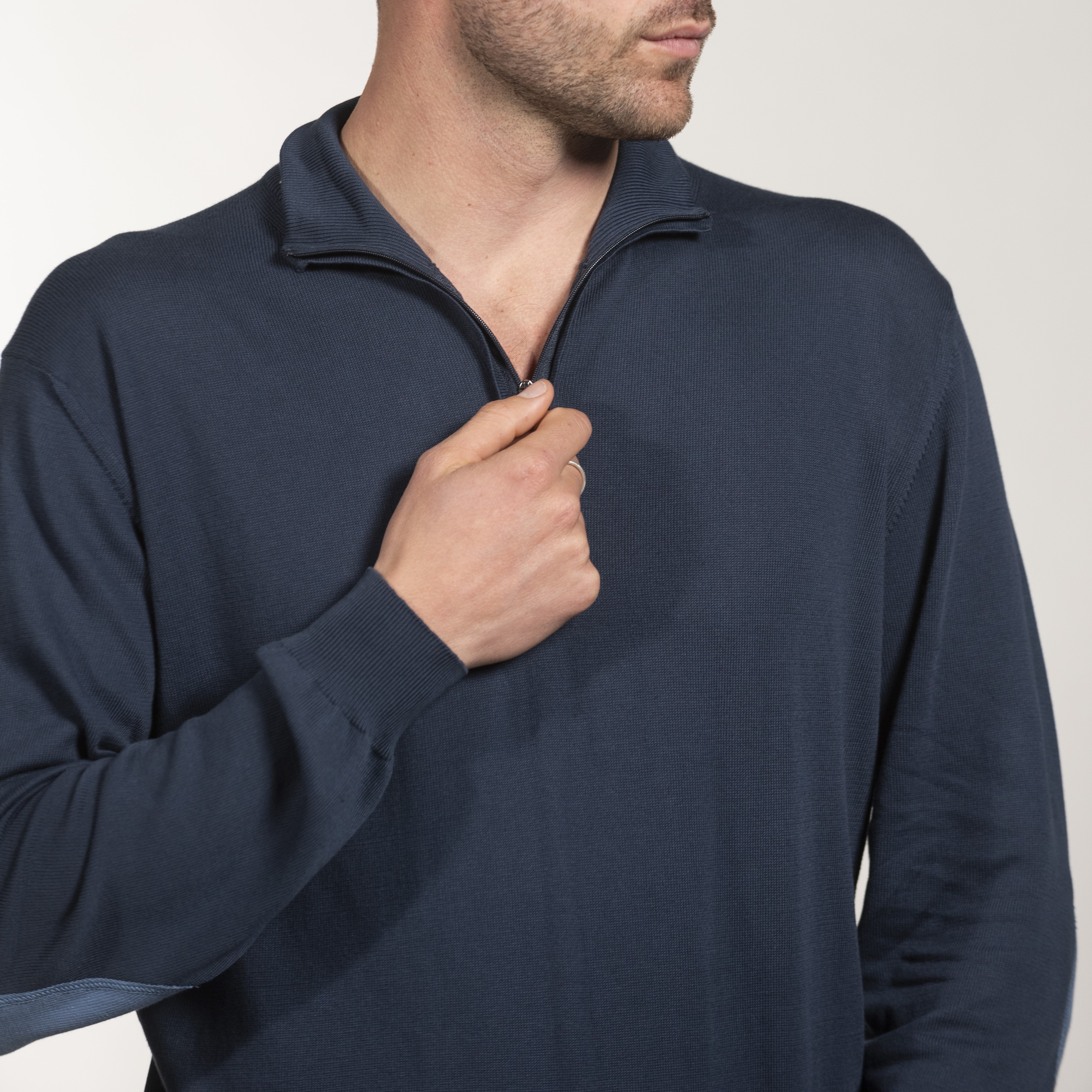 maglia lupetto mezza zip uomo pure cotone con toppe, menswear highneck half-zip pullover in pure cotton with patches