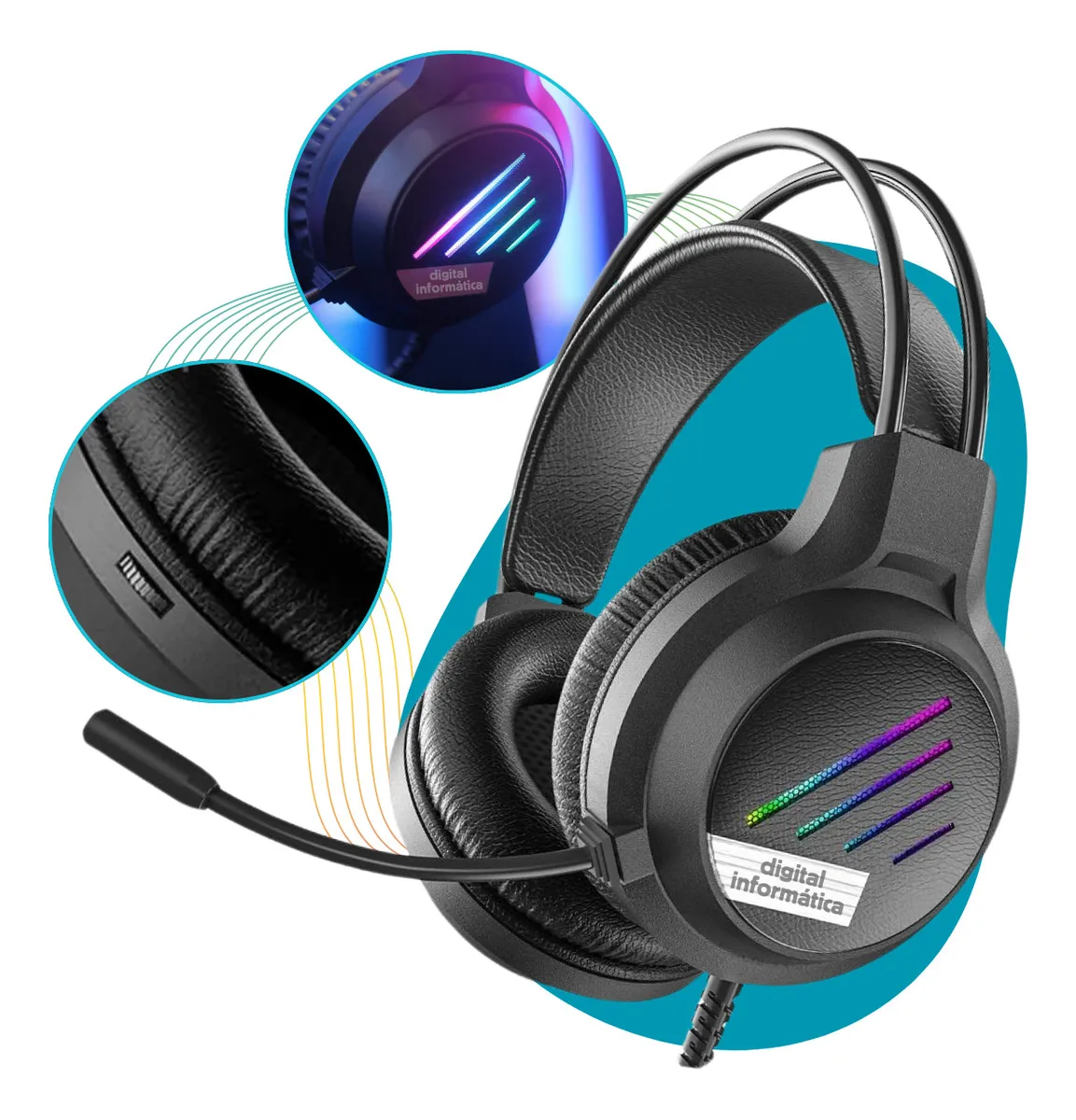 Fone De Ouvido Headset Gamer Led Rgb Microfone Pc Computador Notebook Videogame Ps4 Xbox Usb P2 Cor Preto Digital Informática