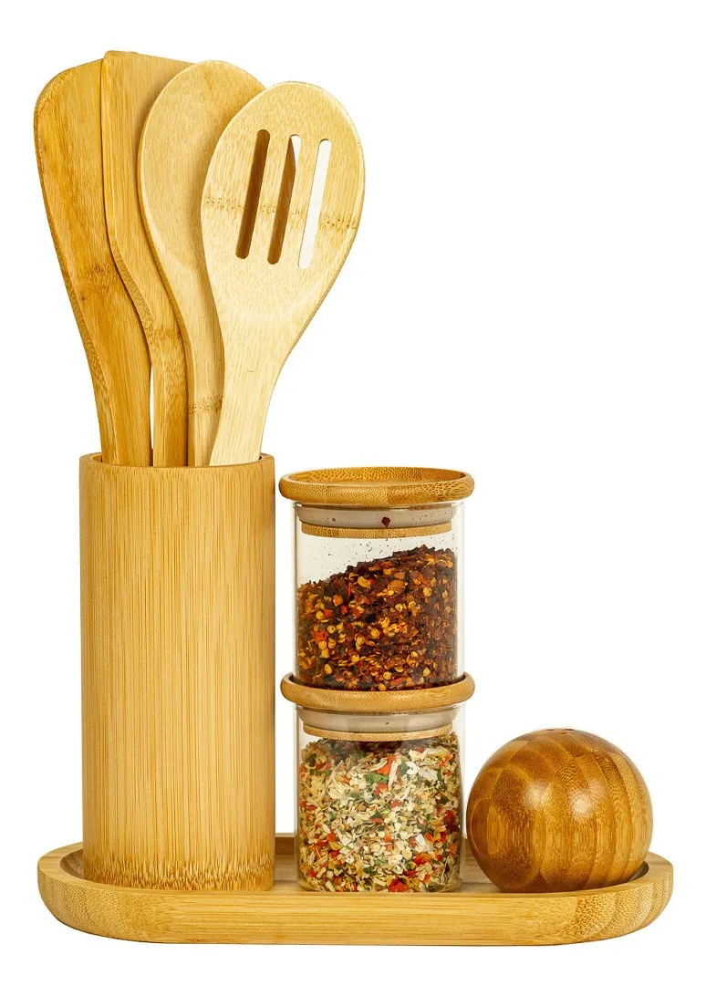 Kit Organizador Bancada C/ Utensílios Bambu Potes E Saleiro Marrom-claro