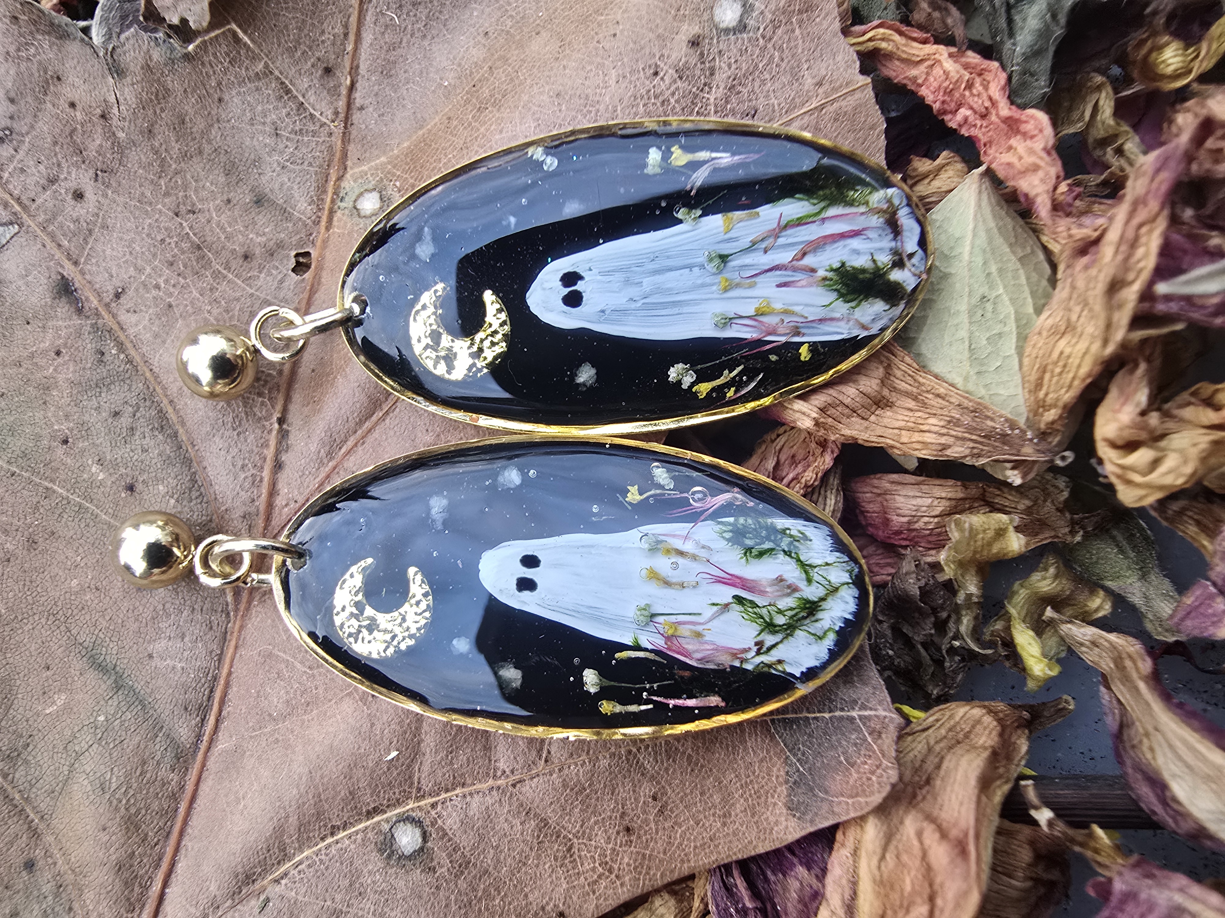 Hand-Painted Ghosties Earrings with Real Flower Garden