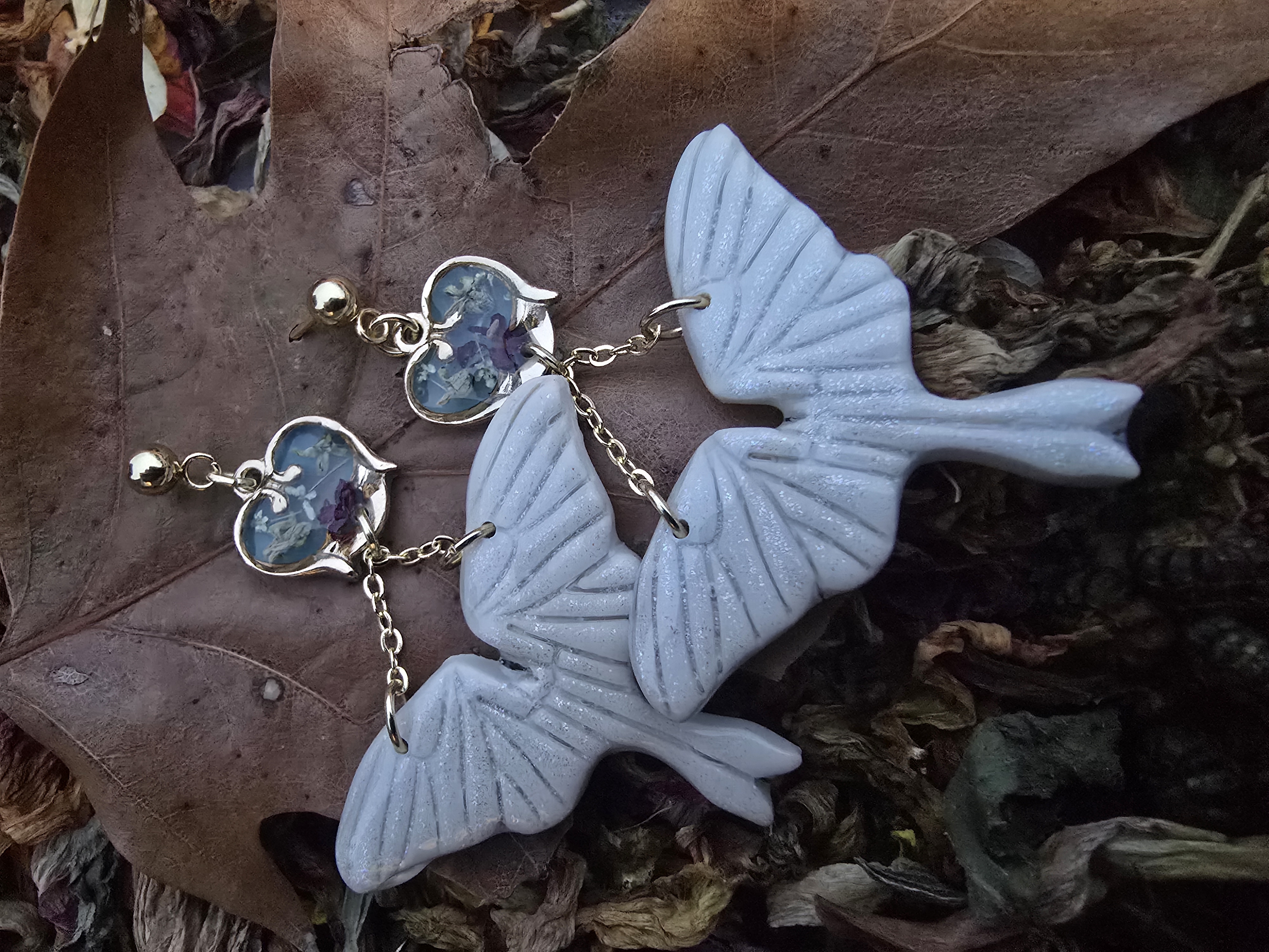 Moth Earrings with Real Flowers