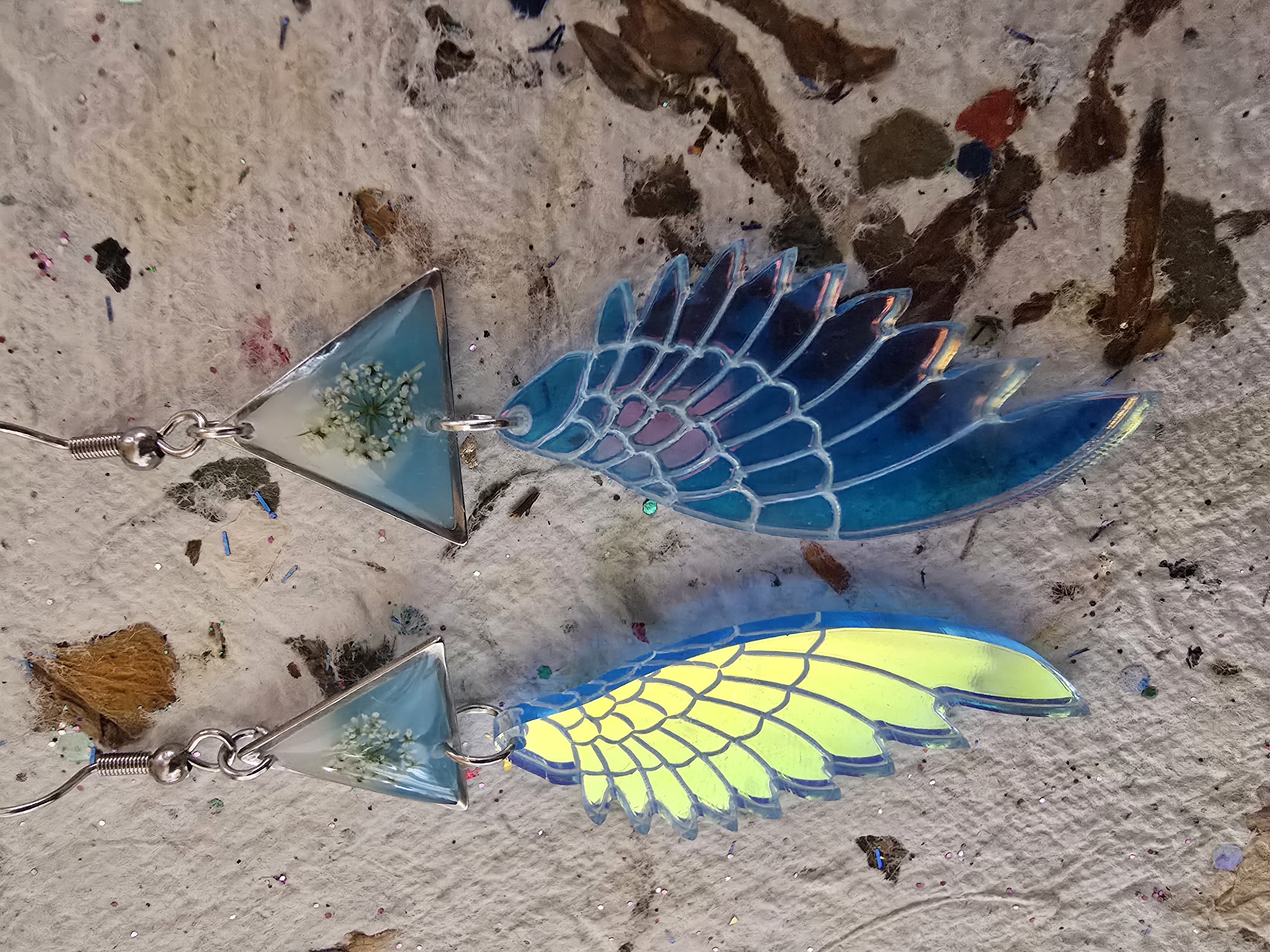 Queen Anne’s Lace Encased Earrings with Reflective Angel Wings