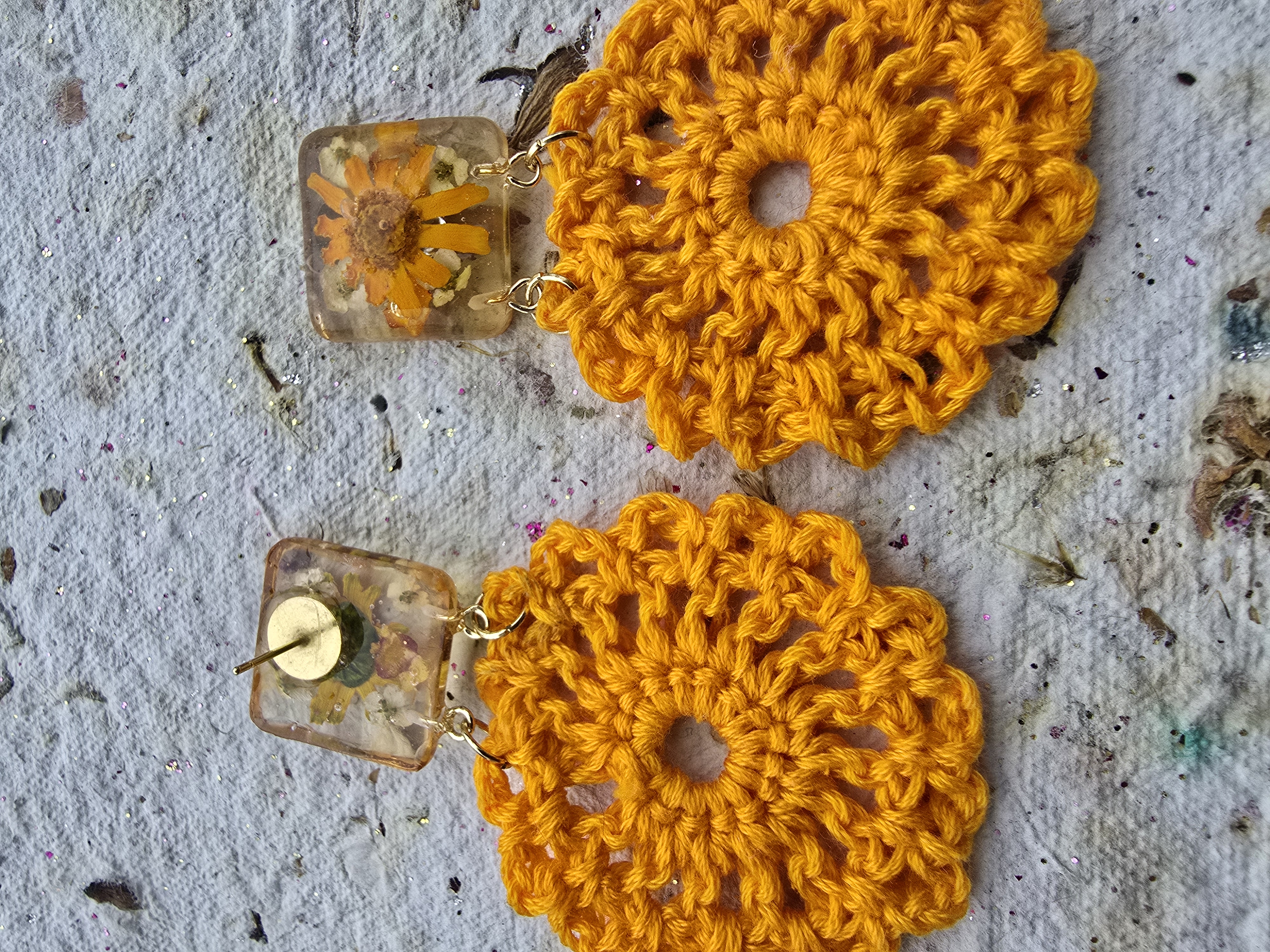 Crochet Earrings with Real Flowers Encased