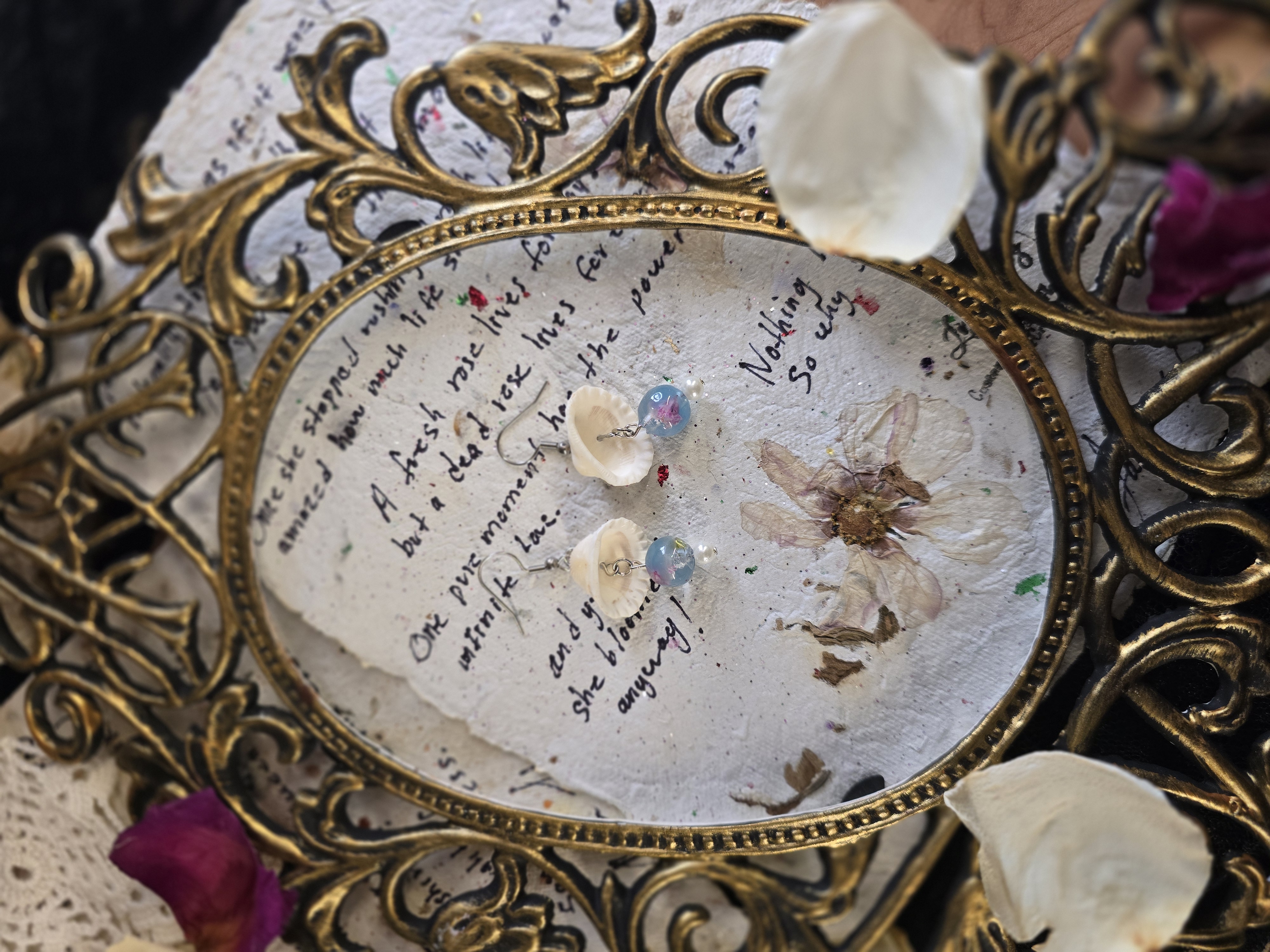 Real White Seashell with Encased Flower Bead Earrings