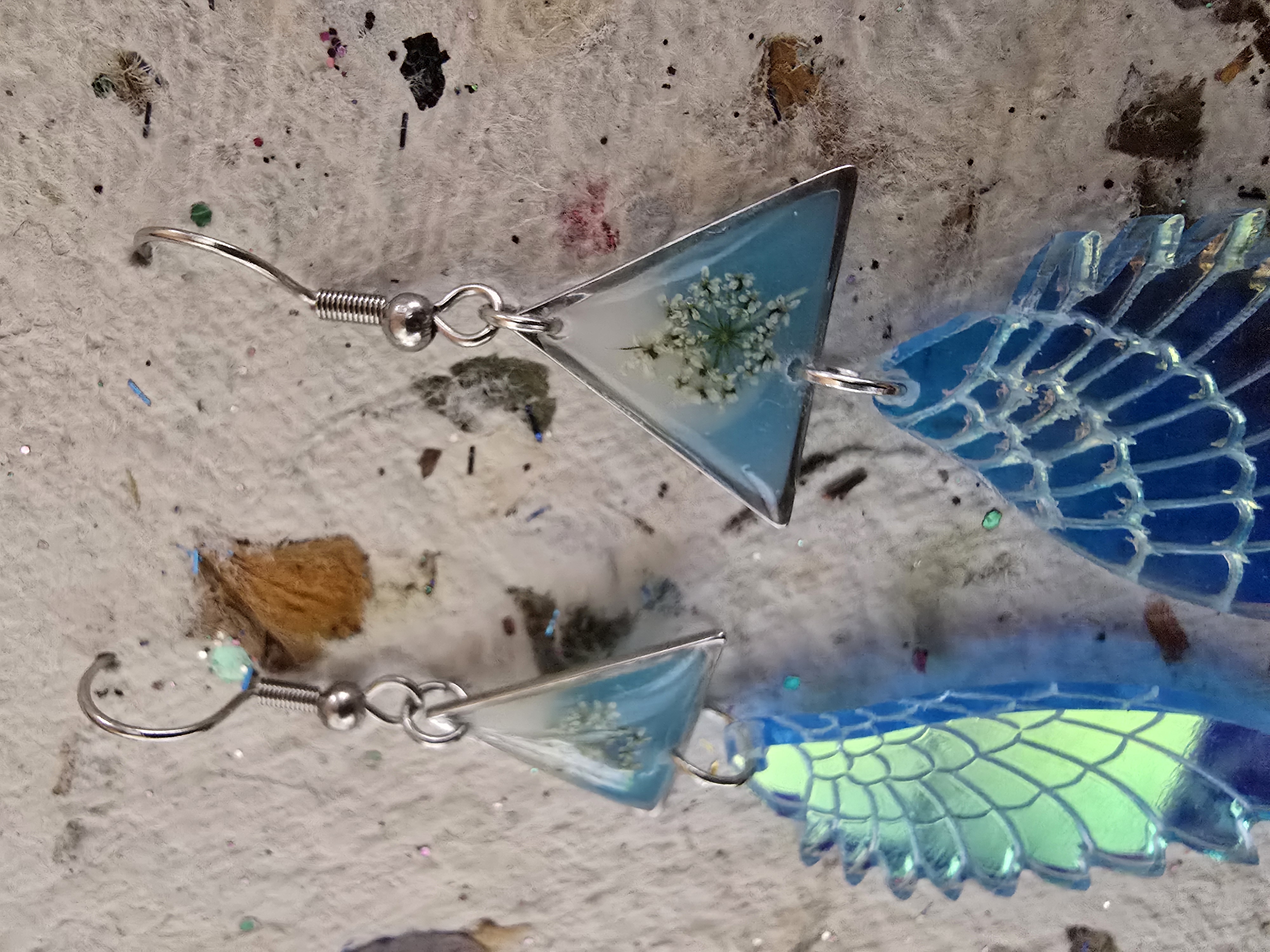 Queen Anne’s Lace Encased Earrings with Reflective Angel Wings