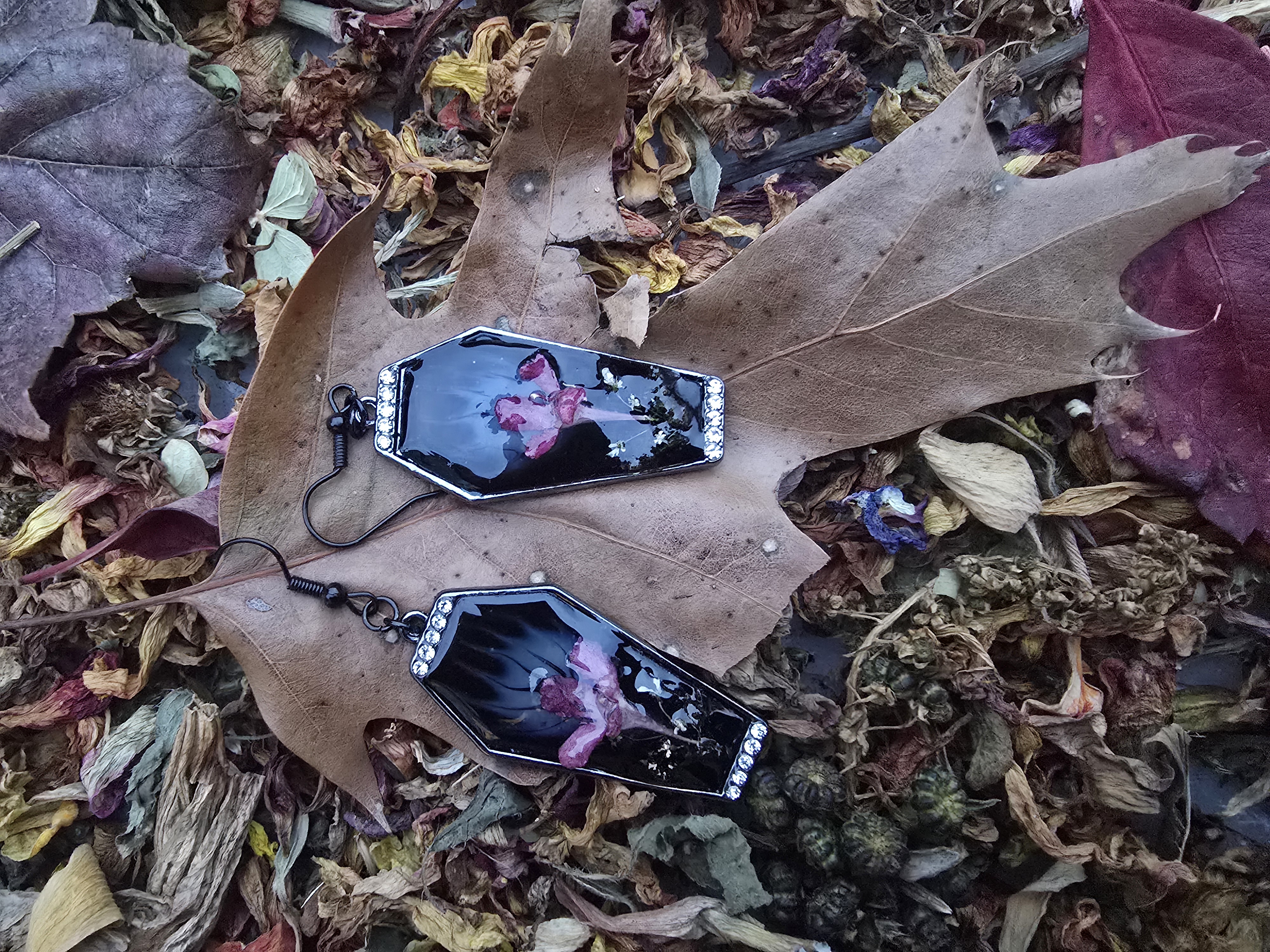 Coffin Earrings with Small Pink Flower
