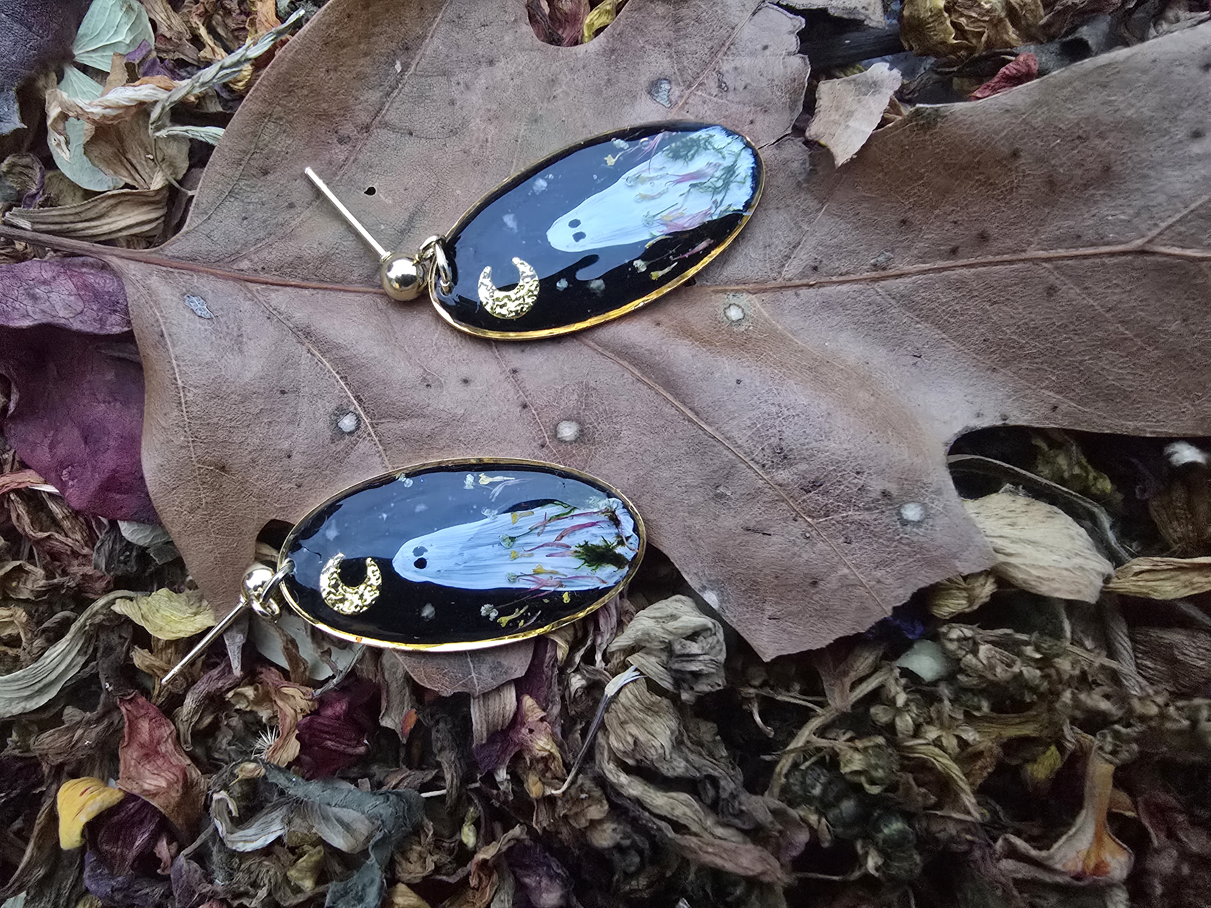 Hand-Painted Ghosties Earrings with Real Flower Garden