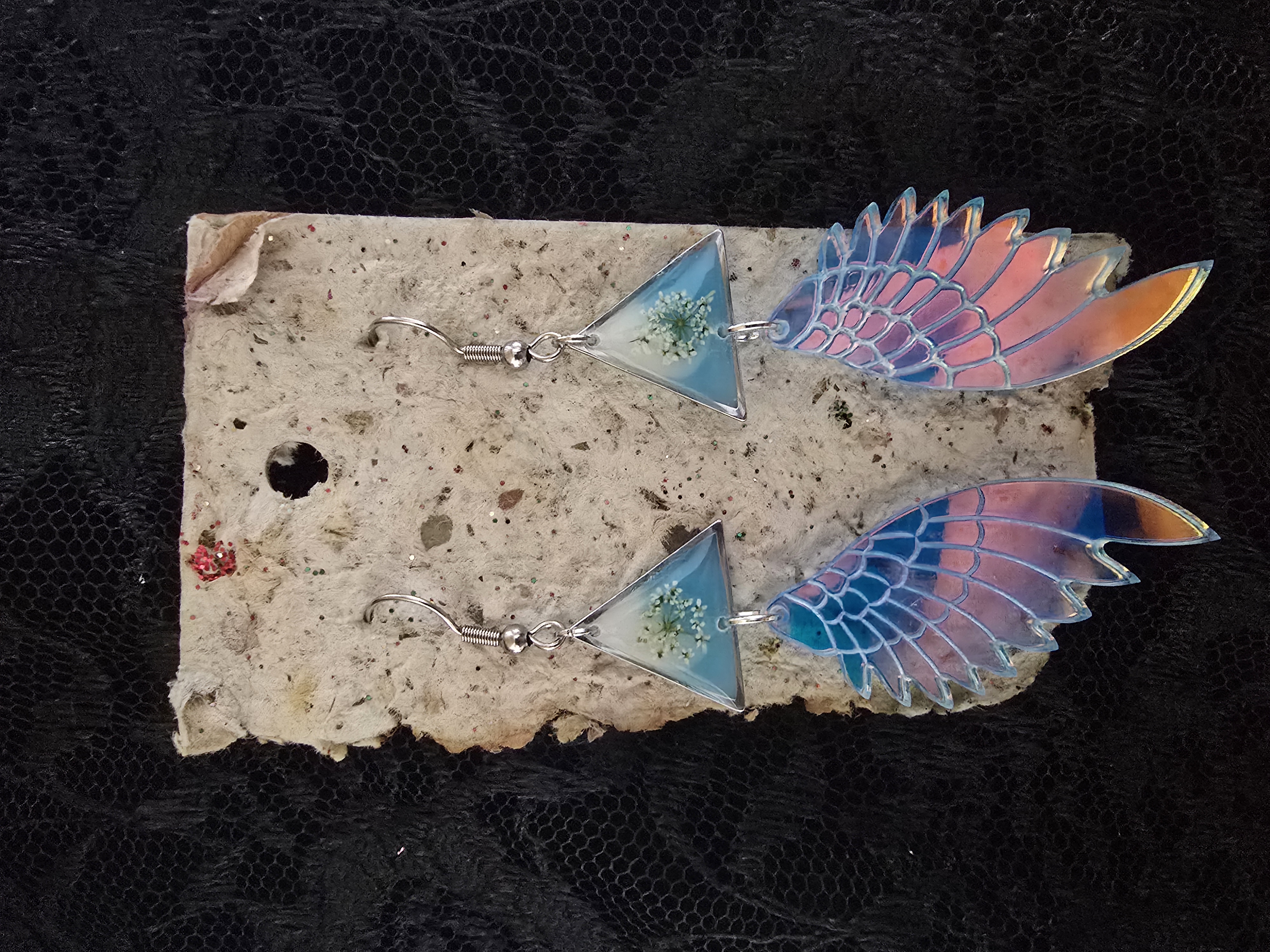 Queen Anne’s Lace Encased Earrings with Reflective Angel Wings