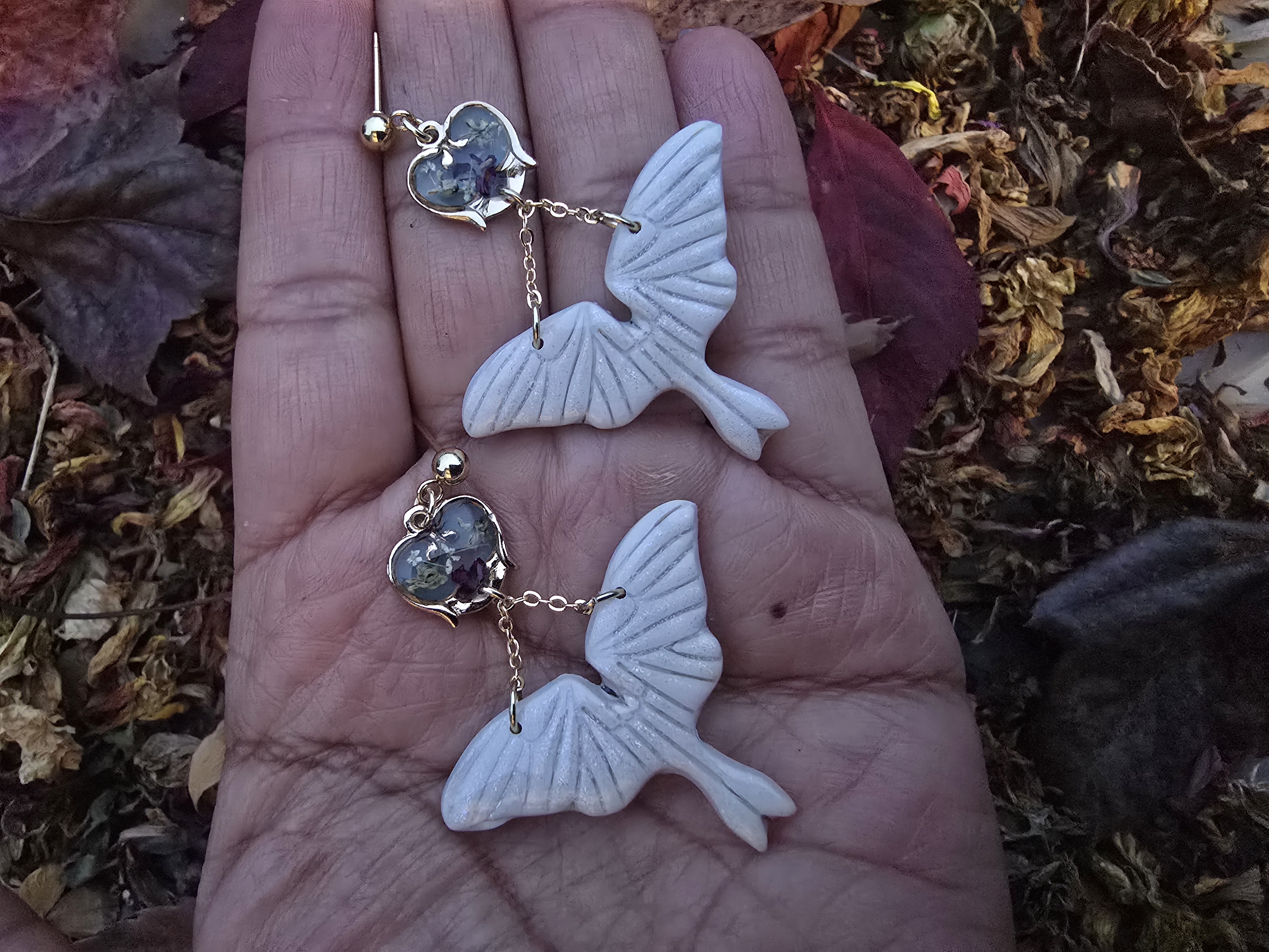 Moth Earrings with Real Flowers