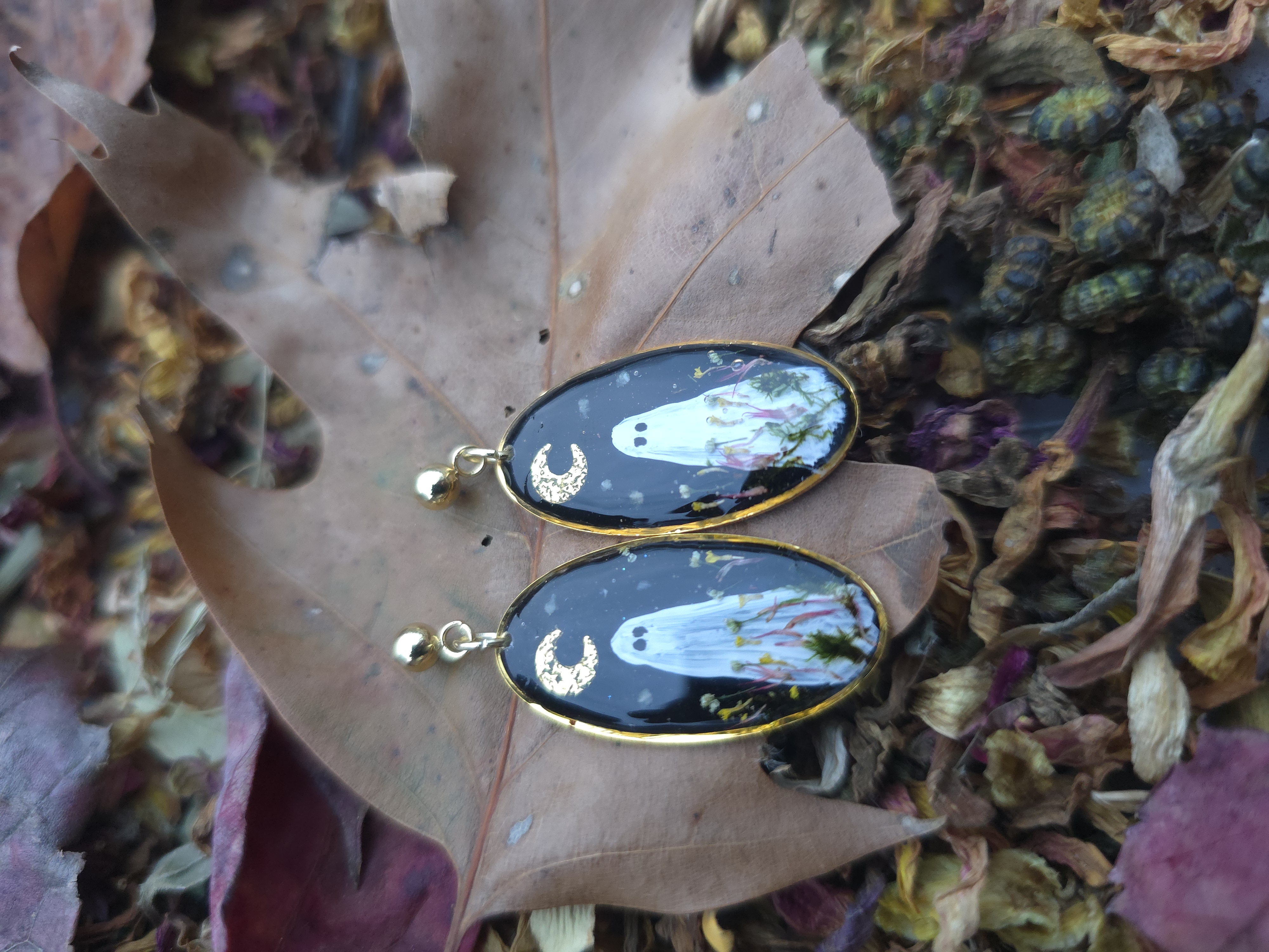 Hand-Painted Ghosties Earrings with Real Flower Garden