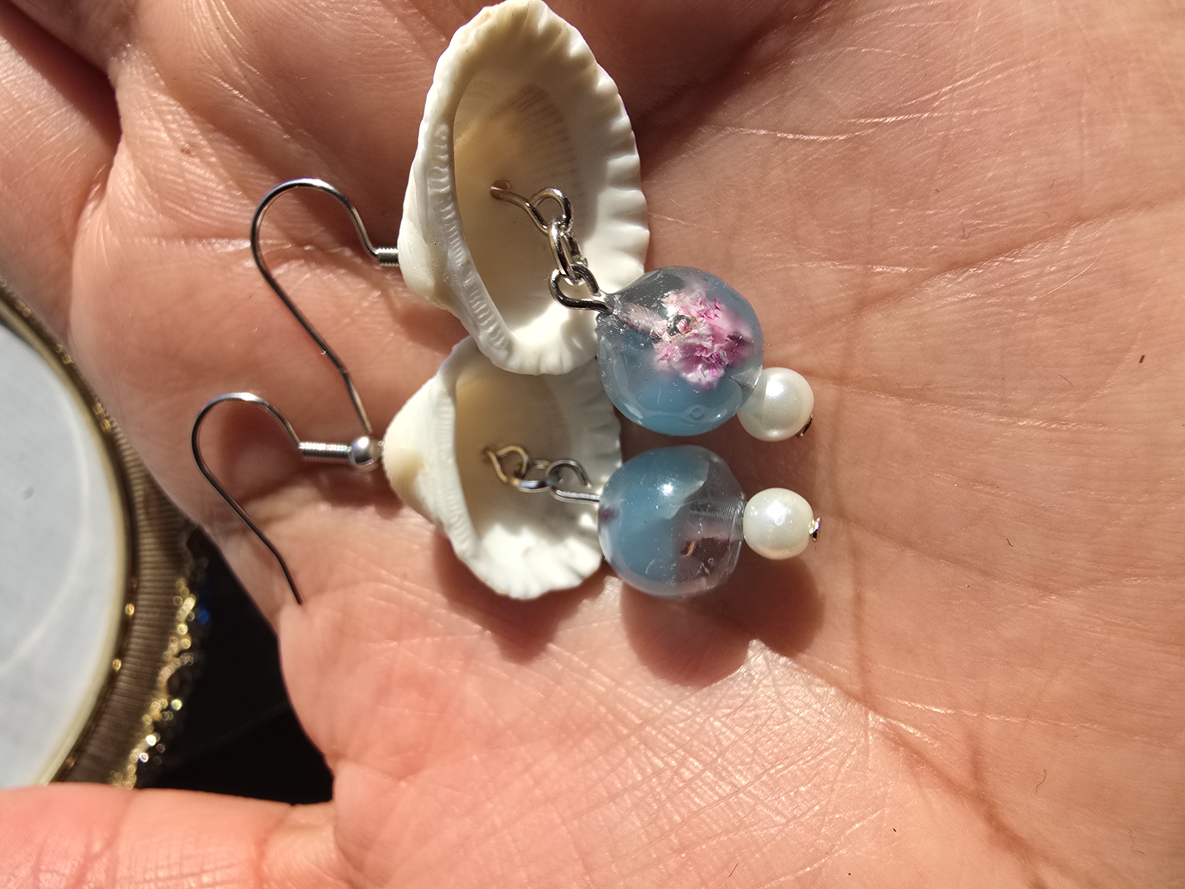 Real White Seashell with Encased Flower Bead Earrings