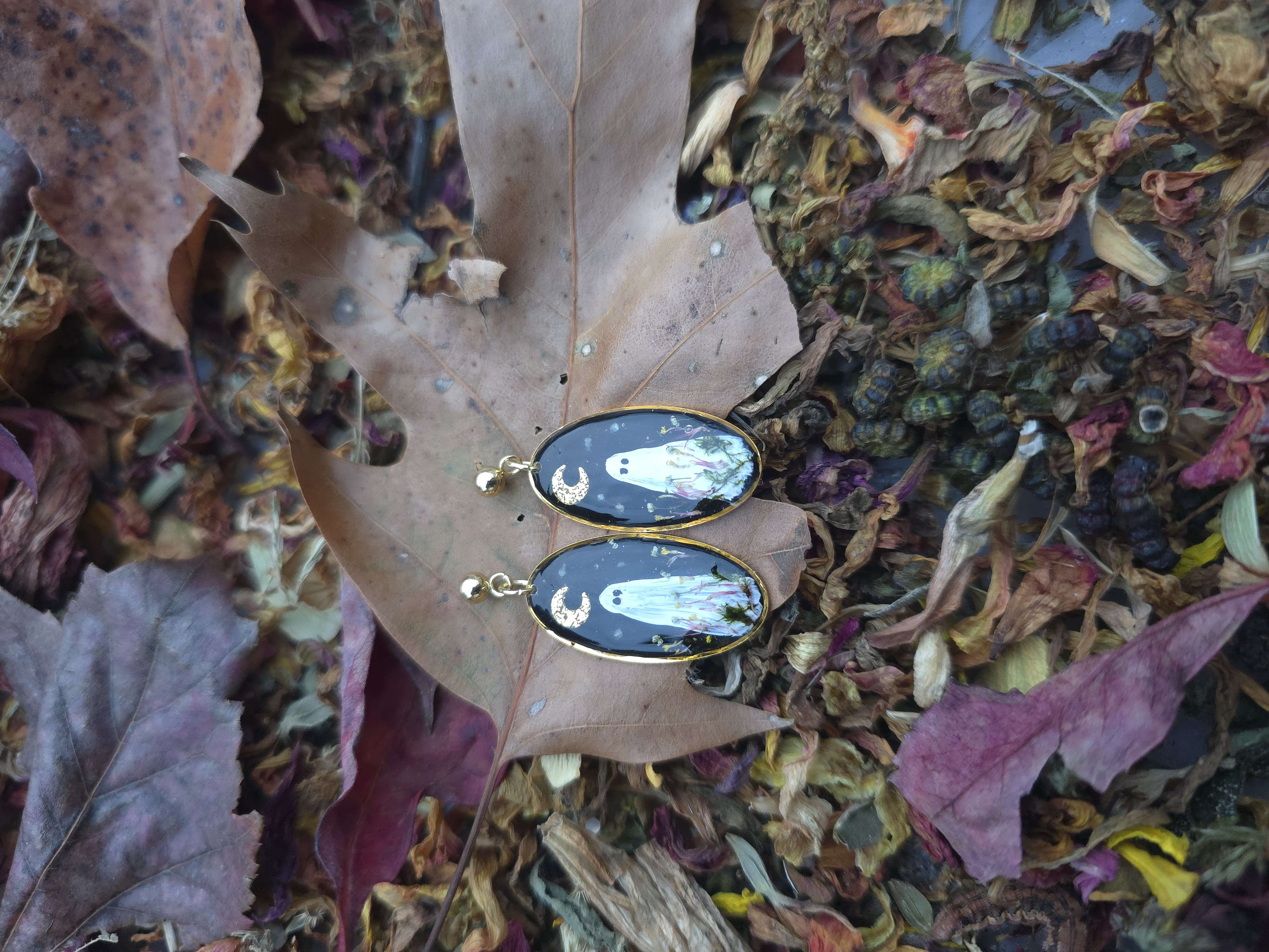 Hand-Painted Ghosties Earrings with Real Flower Garden