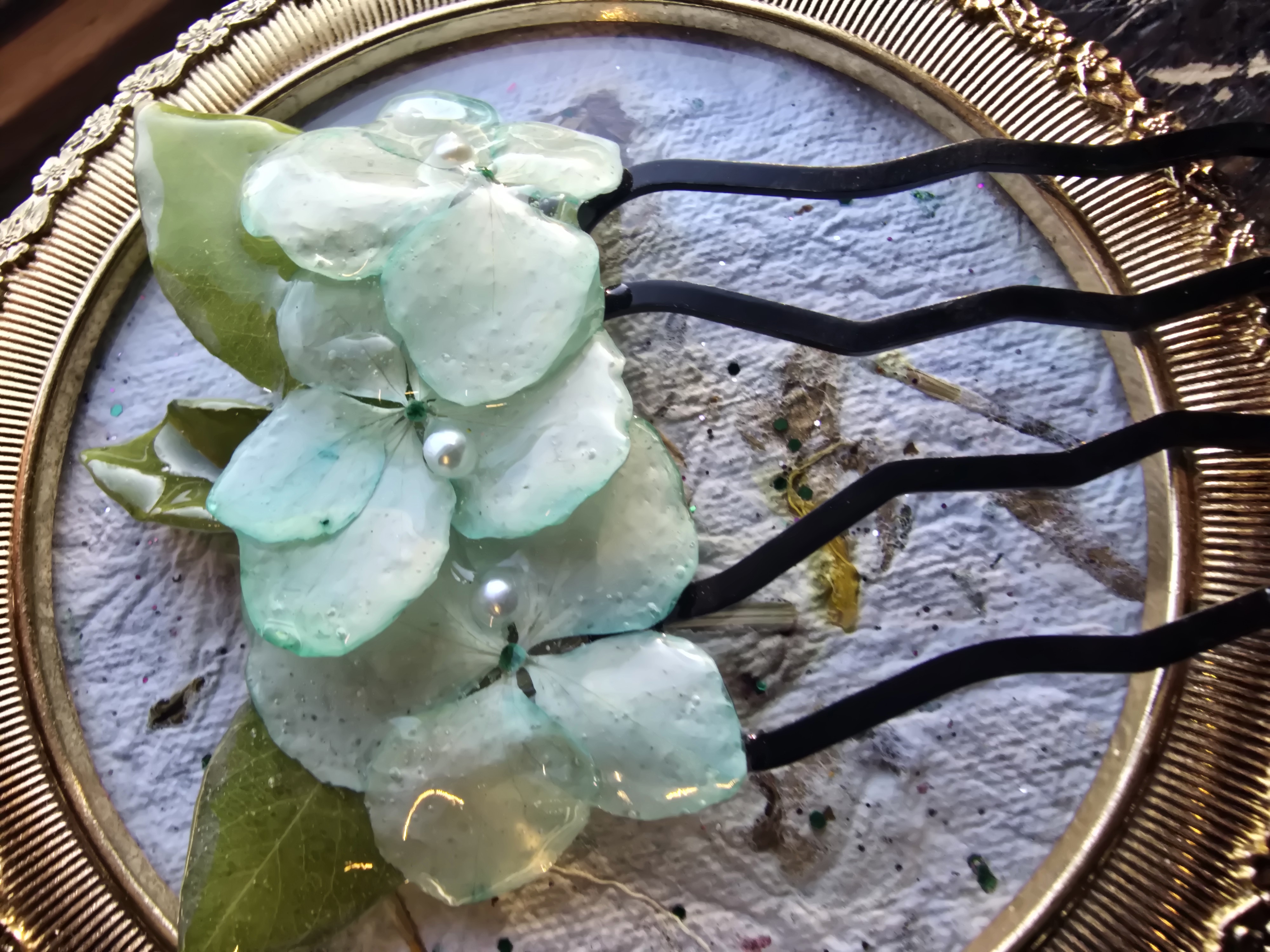 Teal Green Hydrangea Hair Pin – Pearl Accents & Real Leaves