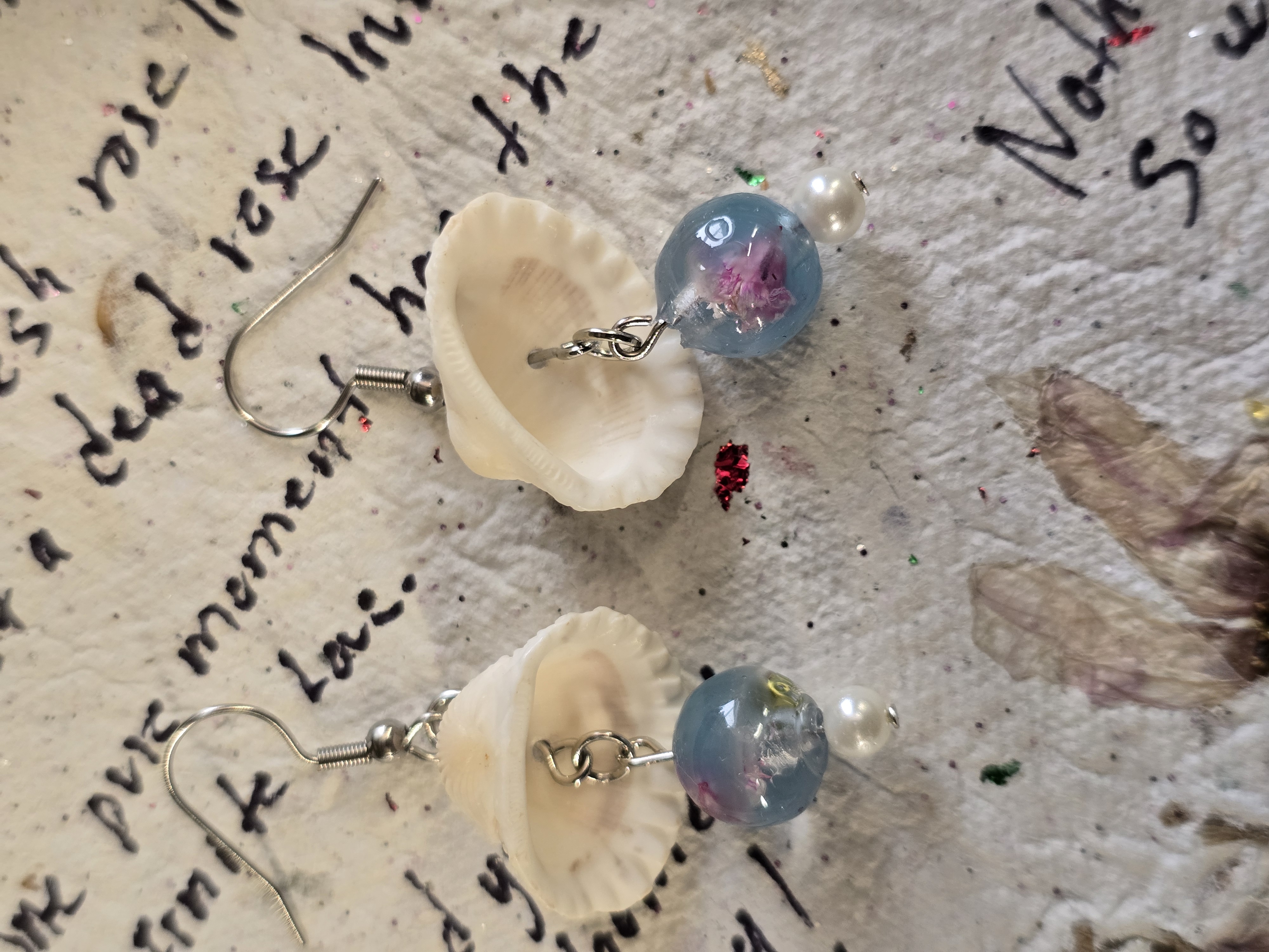 Real White Seashell with Encased Flower Bead Earrings