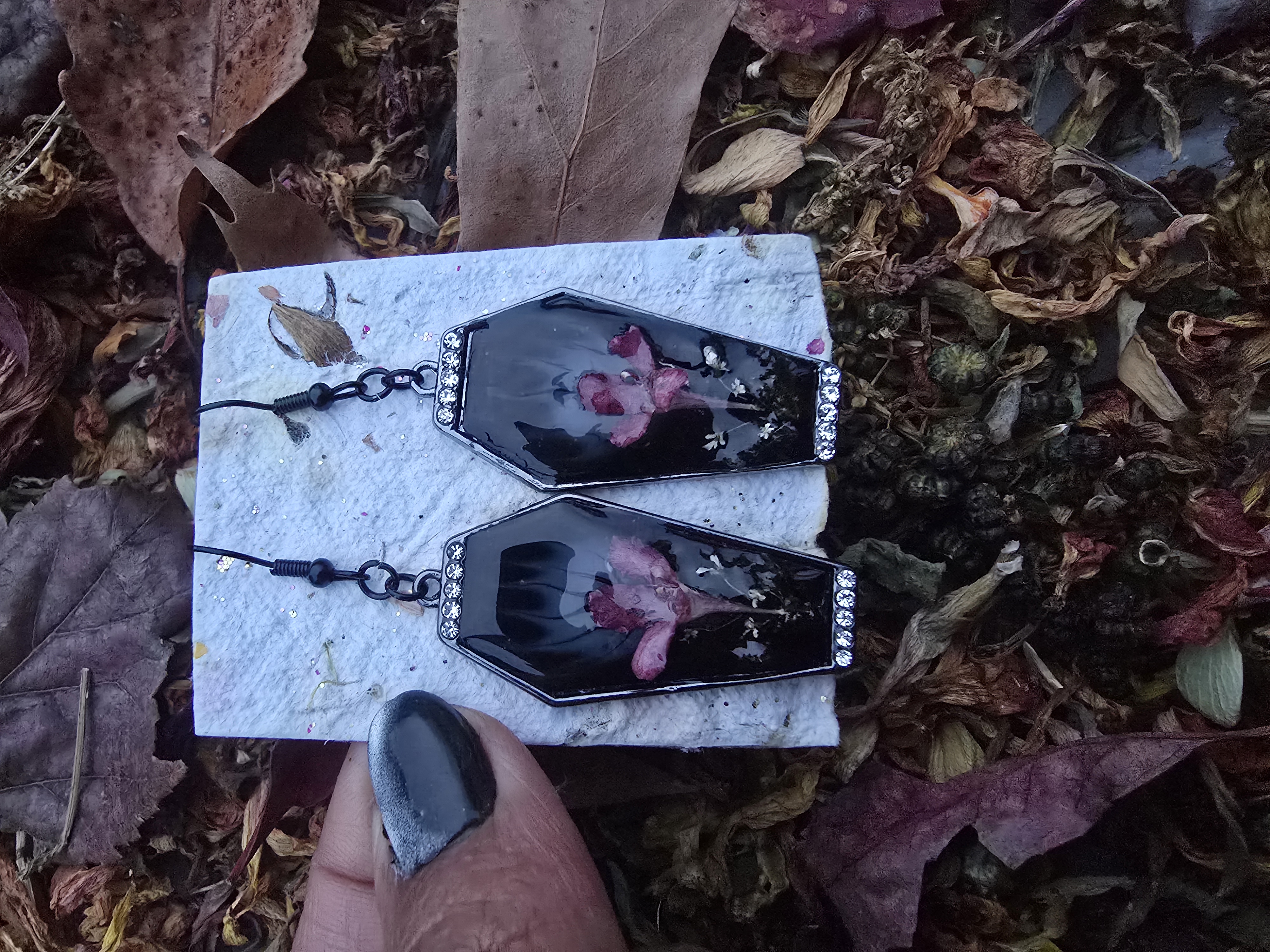 Coffin Earrings with Small Pink Flower