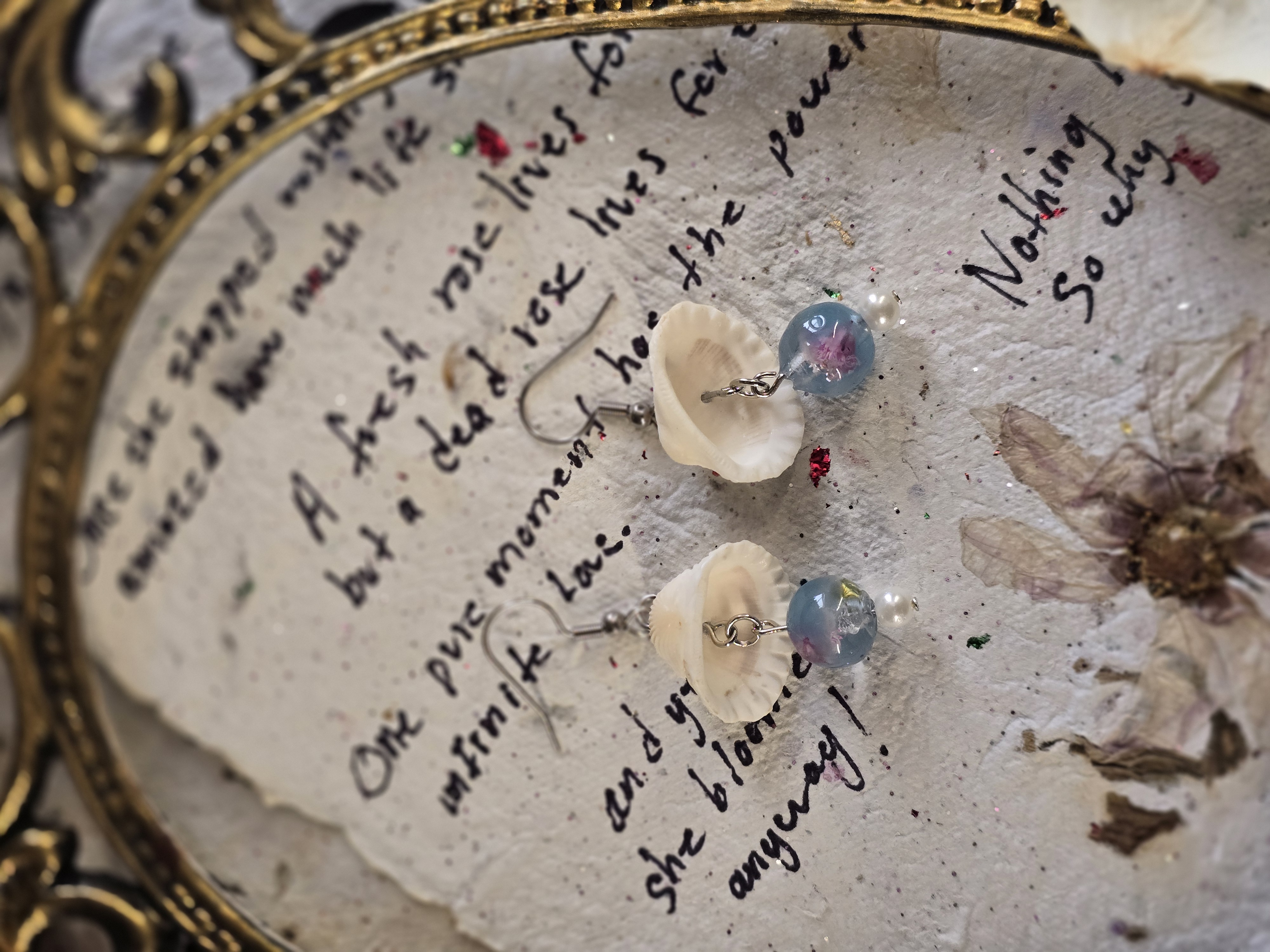 Real White Seashell with Encased Flower Bead Earrings