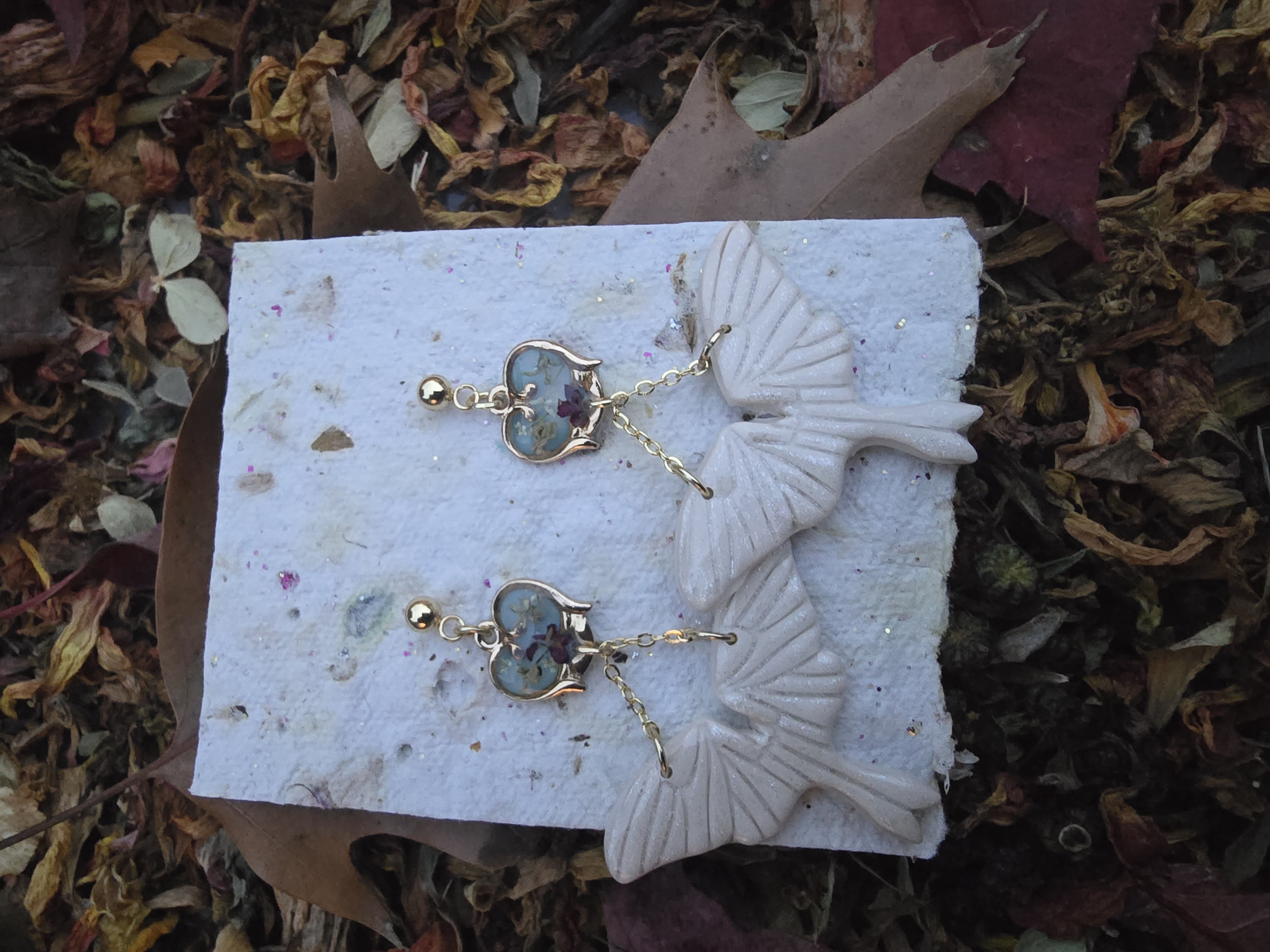 Moth Earrings with Real Flowers