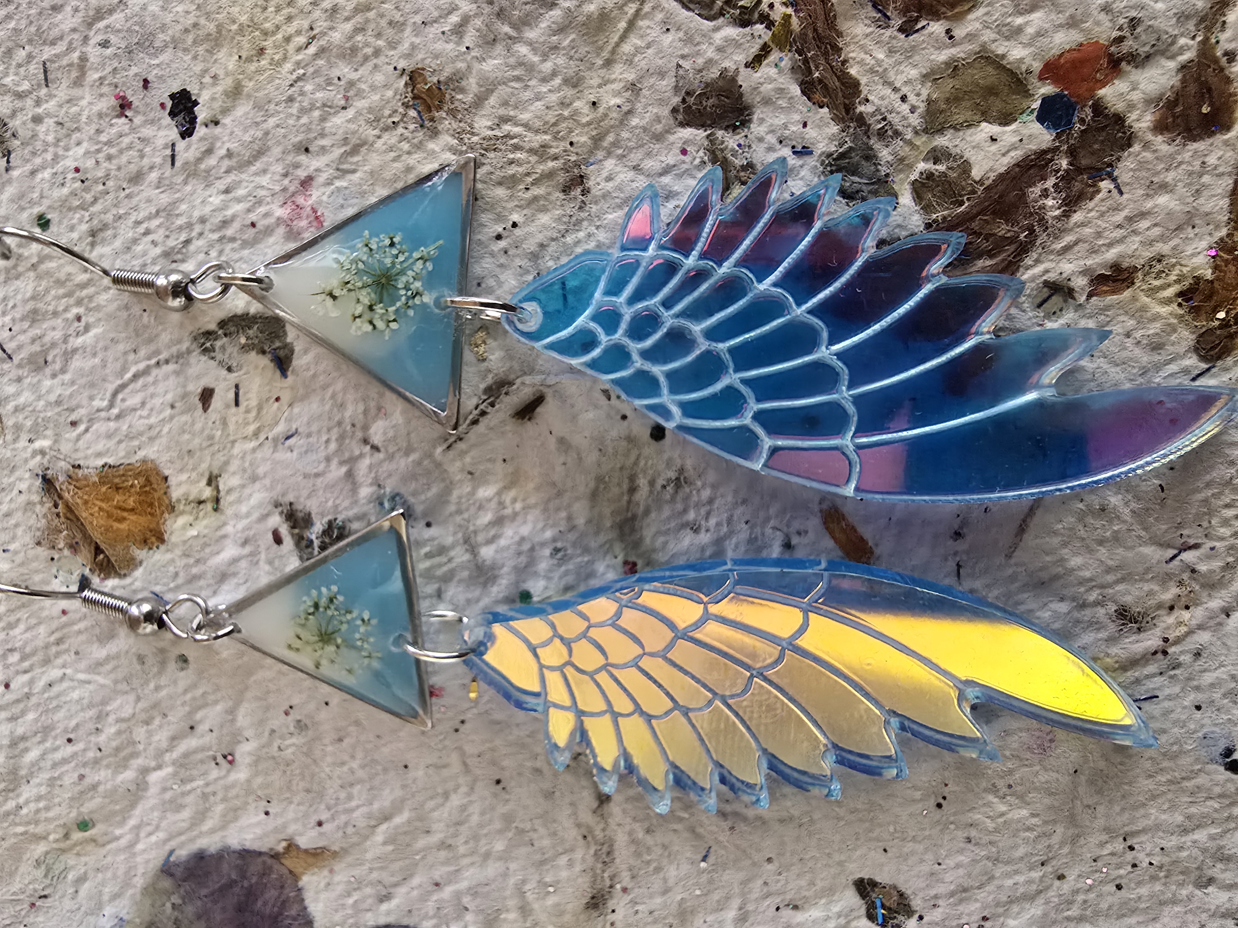 Queen Anne’s Lace Encased Earrings with Reflective Angel Wings