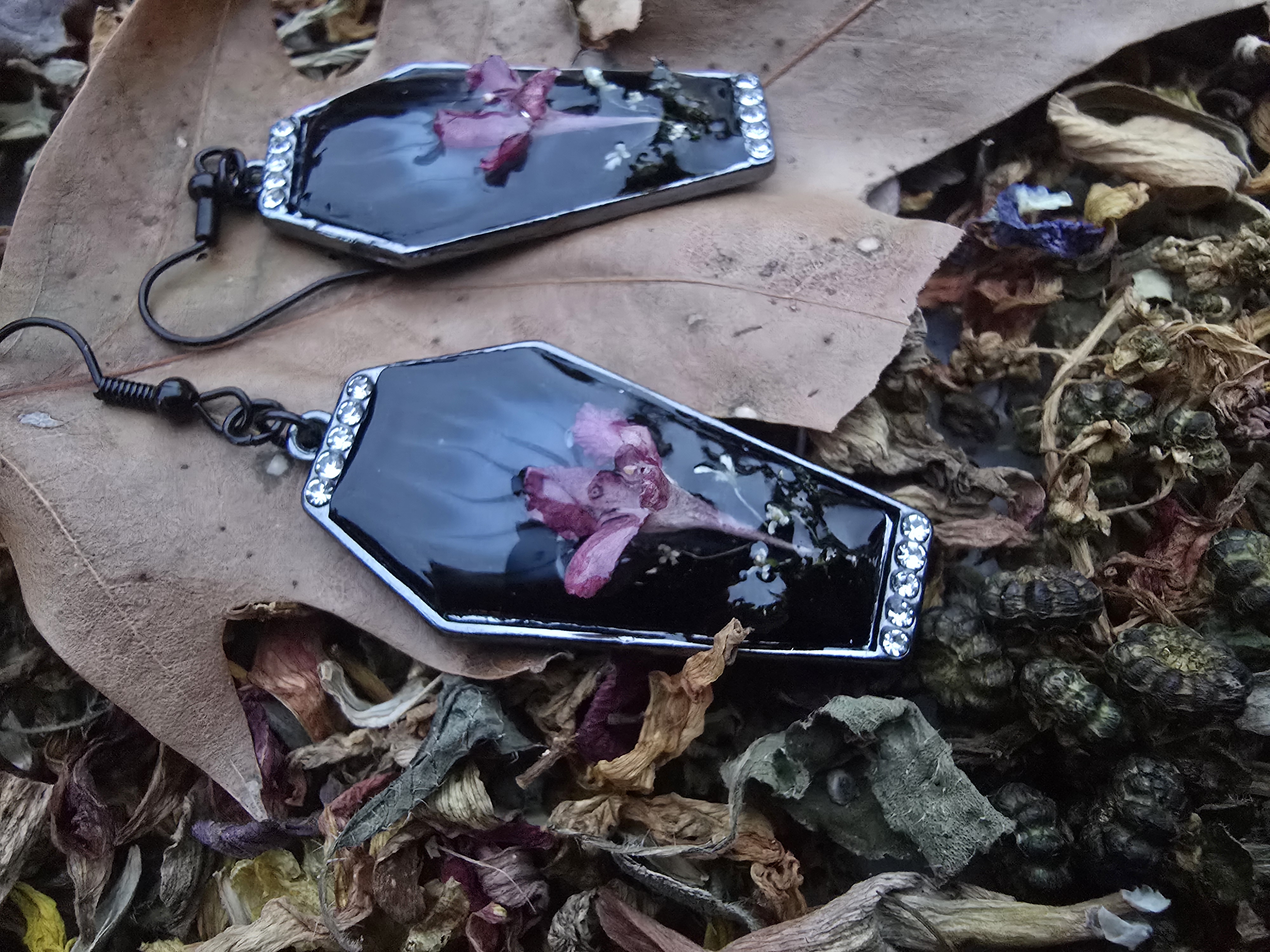 Coffin Earrings with Small Pink Flower