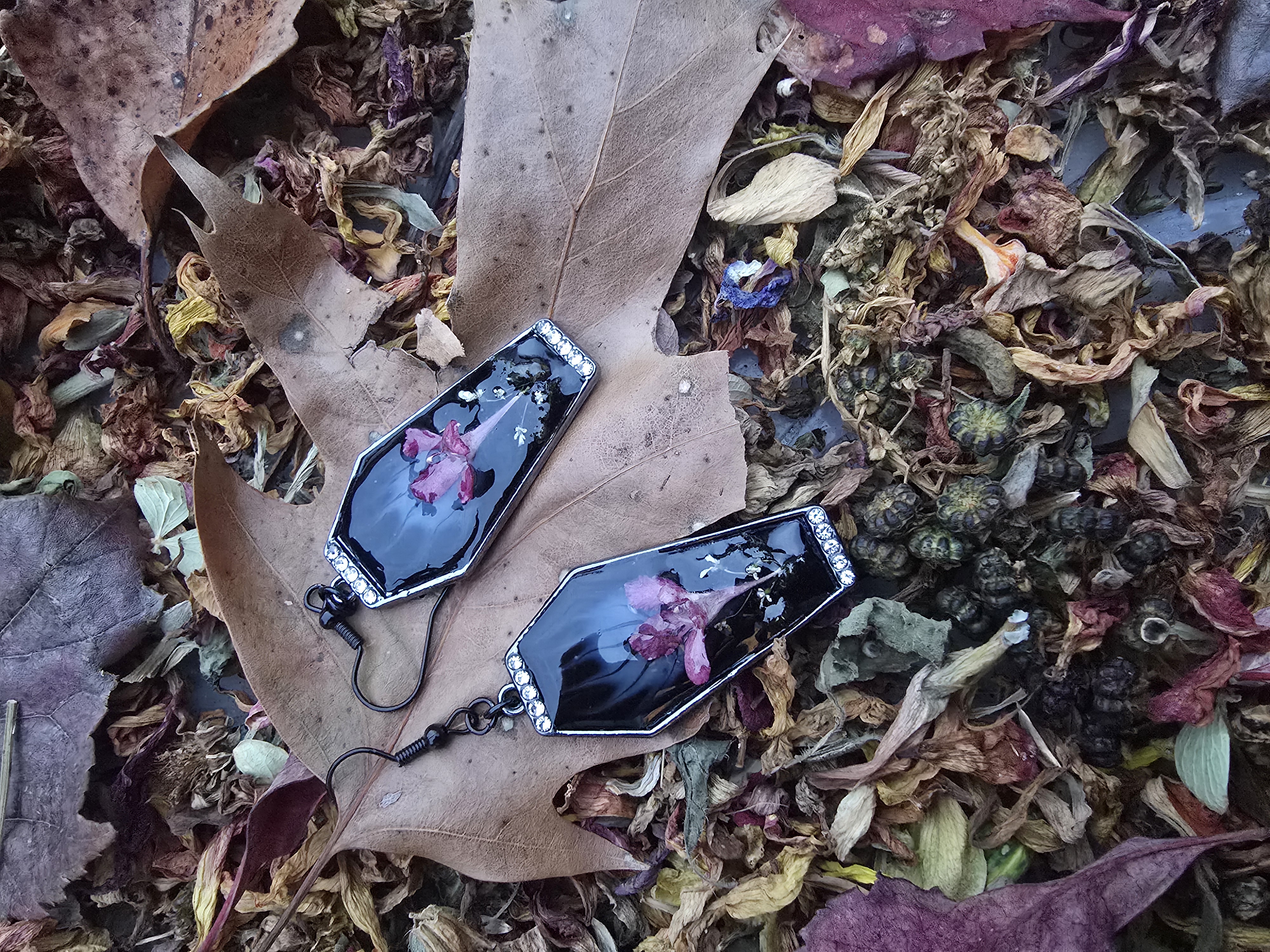 Coffin Earrings with Small Pink Flower