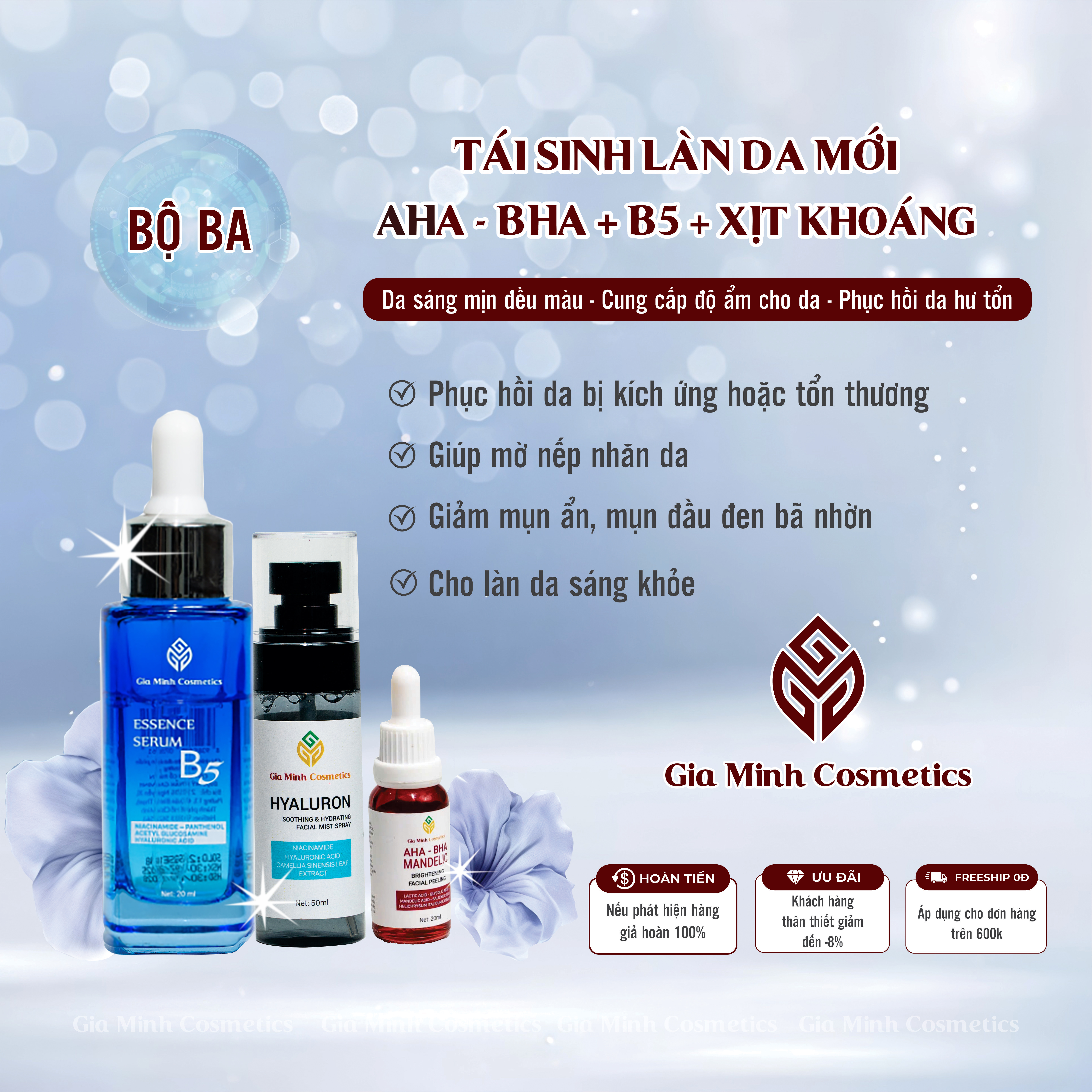 BỘ BA TÁI SINH LÀN DA MỚI - AHA • BHA • B5 • XỊT KHOÁNG