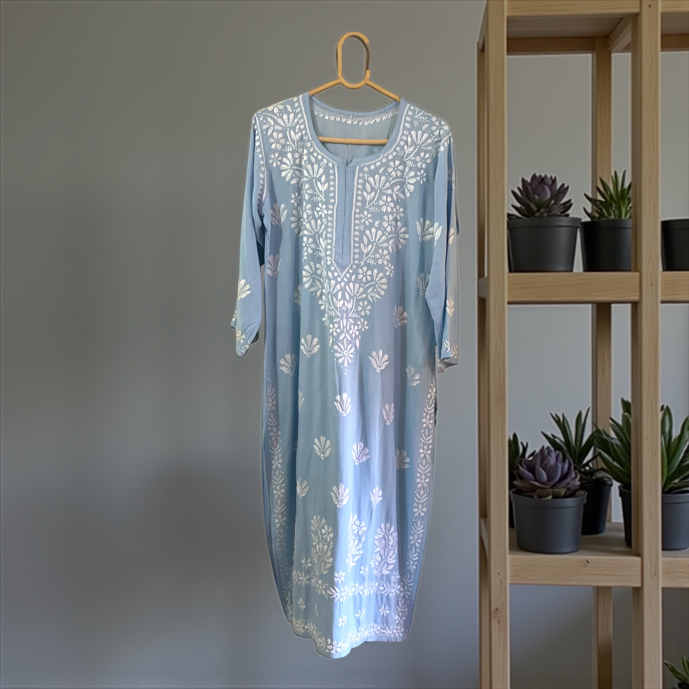 Light Blue Floral Kurti Lucknowi Embroidery modal cotton 