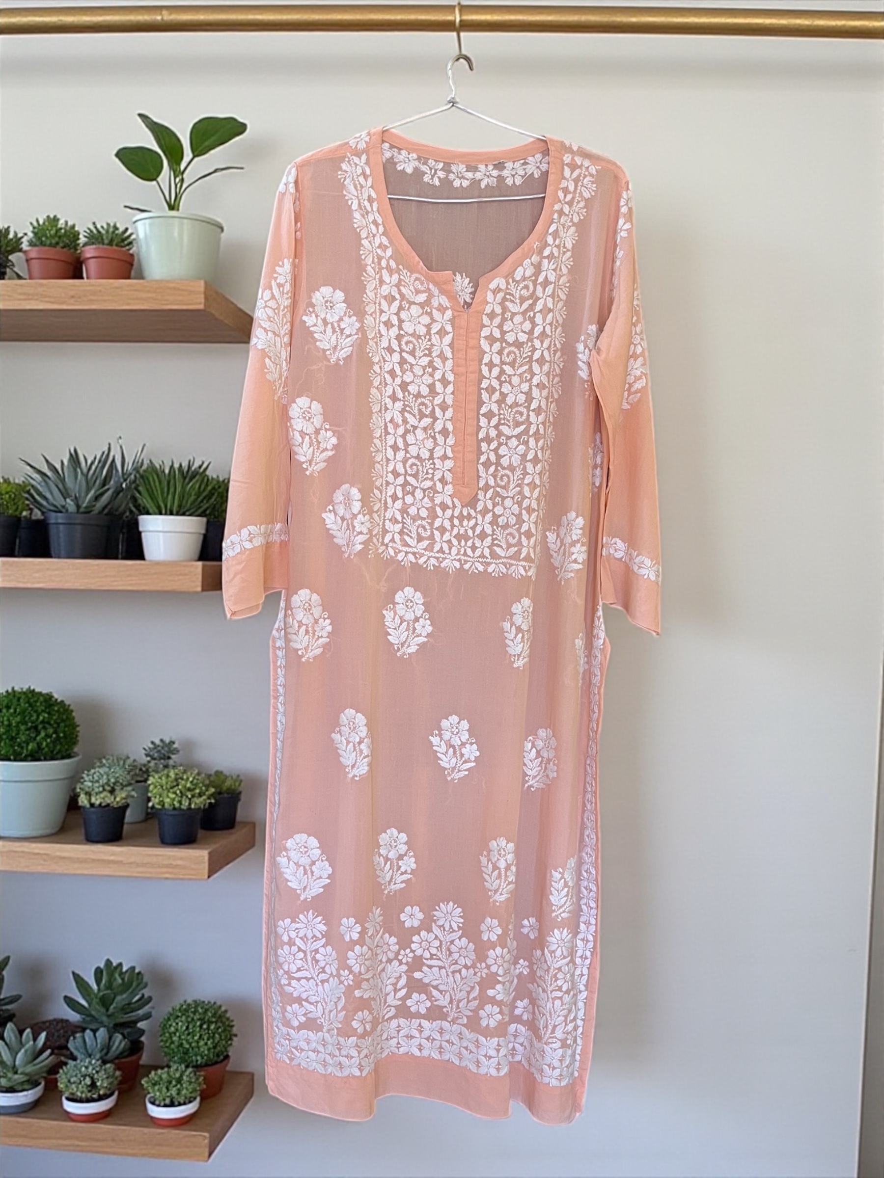 Peach Embroidered Kurta Set Lucknowi Embroidery 