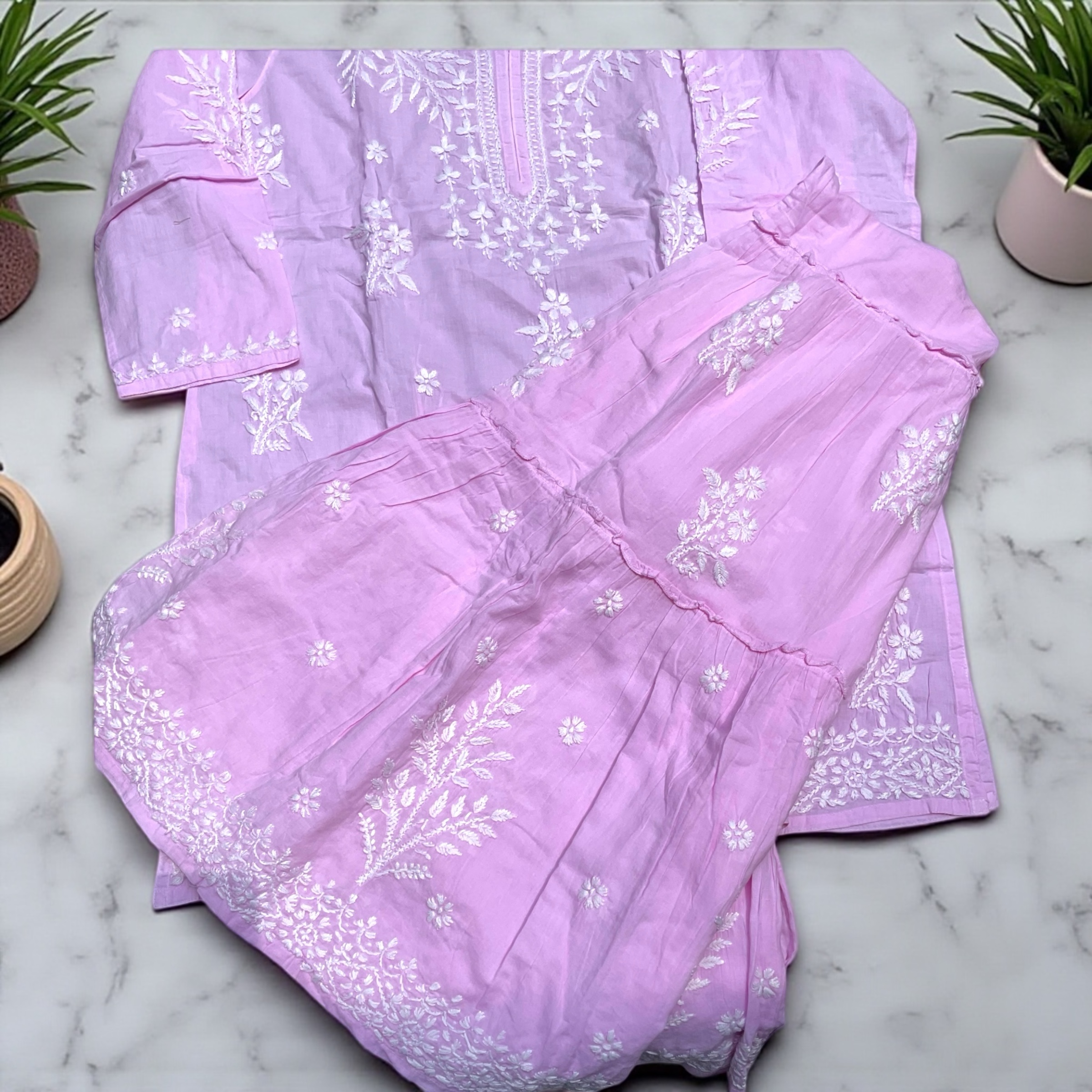 Lilac Embroidered Kurta Set Lucknowi Embroidery