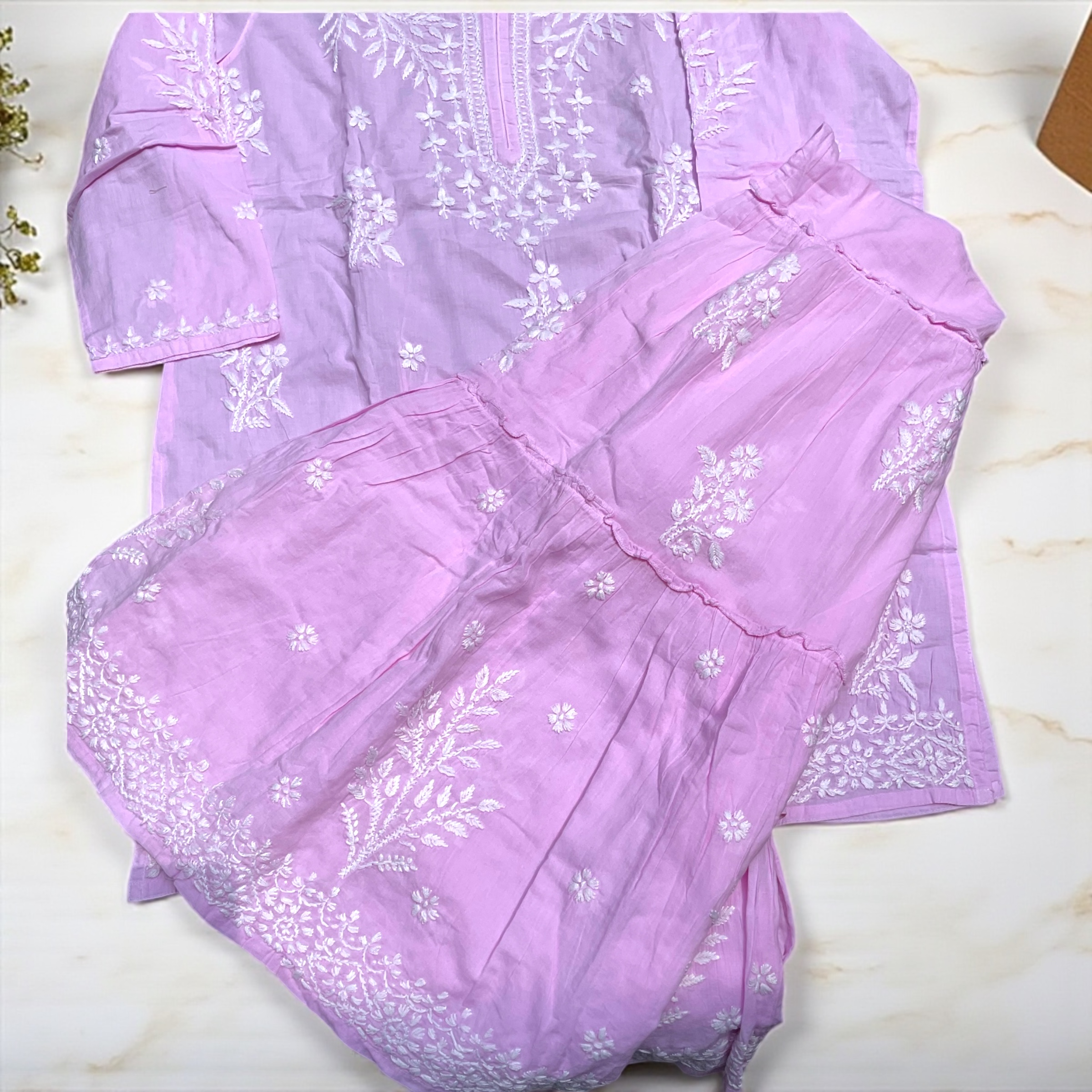 Lilac Embroidered Kurta Set Lucknowi Embroidery