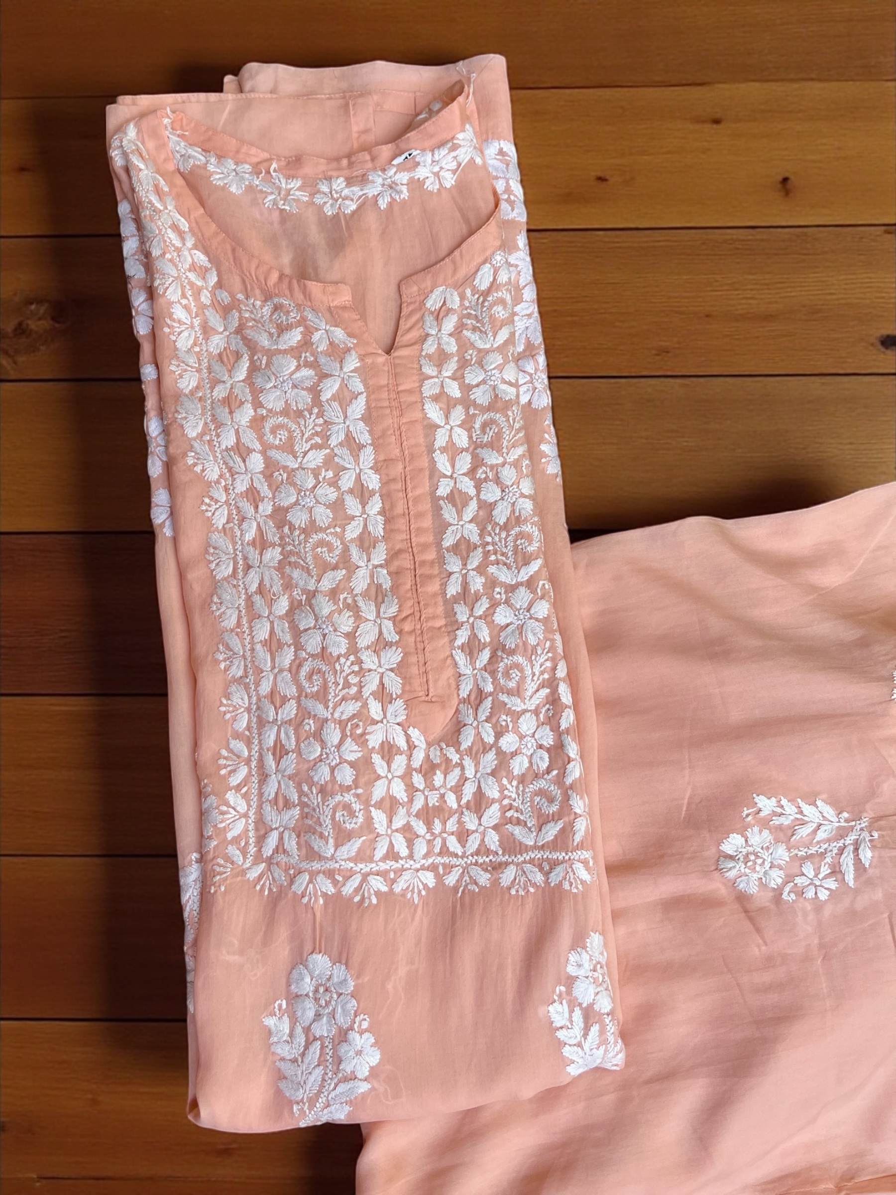Peach Embroidered Kurta Set Lucknowi Embroidery 