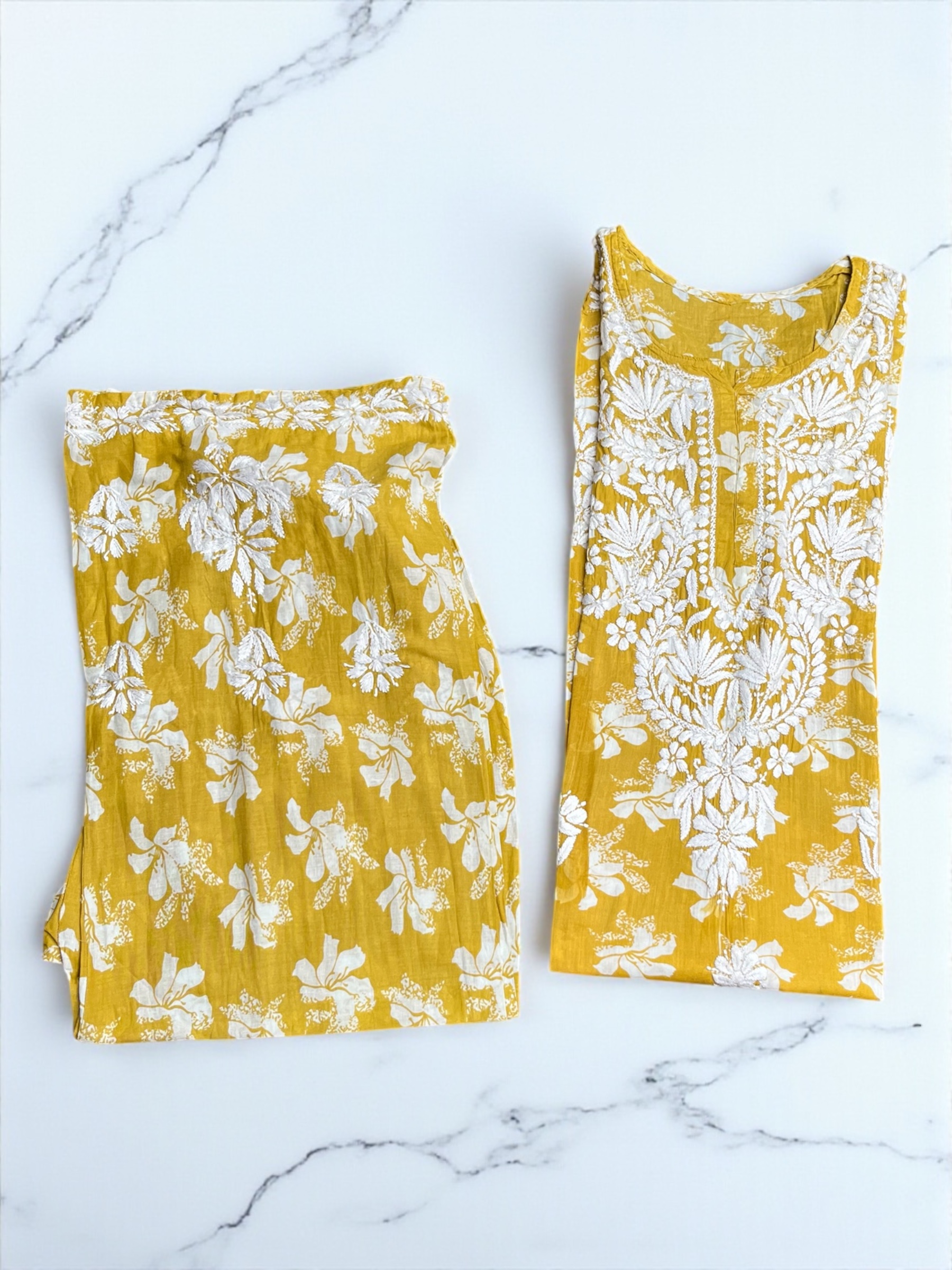 Yellow Floral Printed Kurta Set Lucknowi Embroidery 