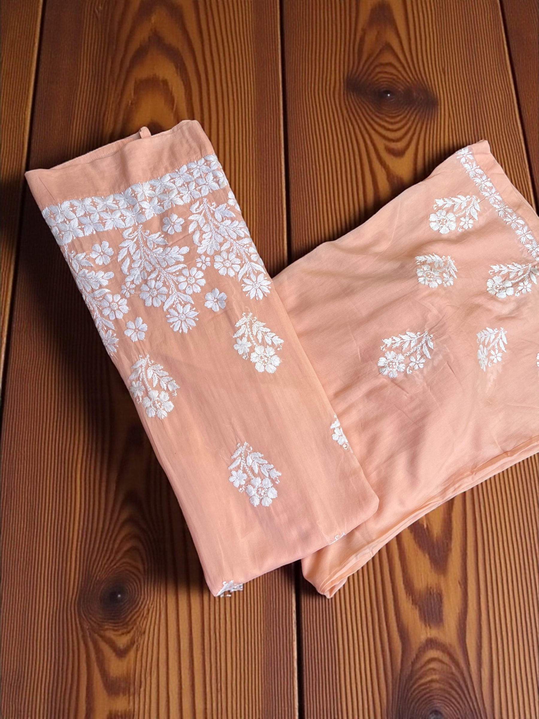 Peach Embroidered Kurta Set Lucknowi Embroidery 