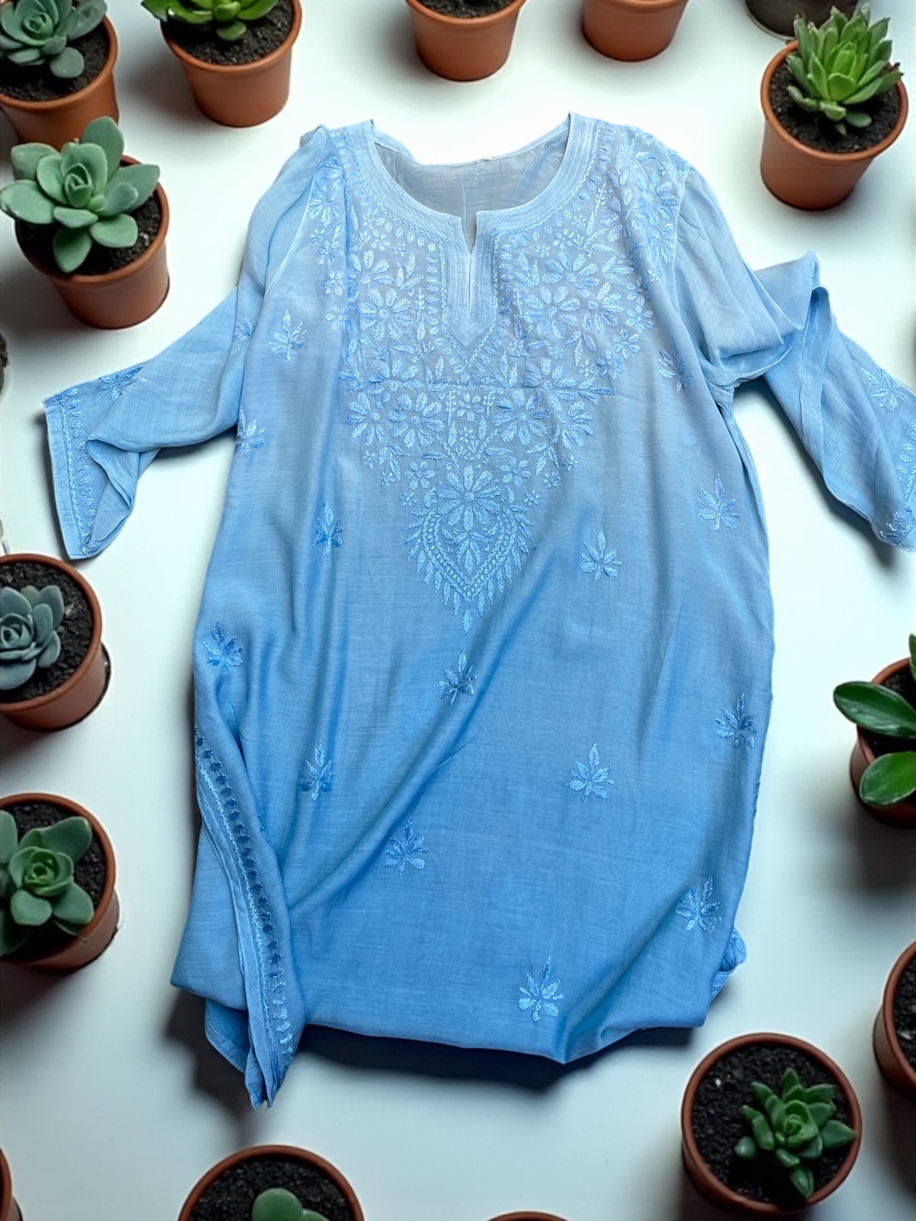 Light Blue Embroidered Kurta Lucknowi Embroidery 