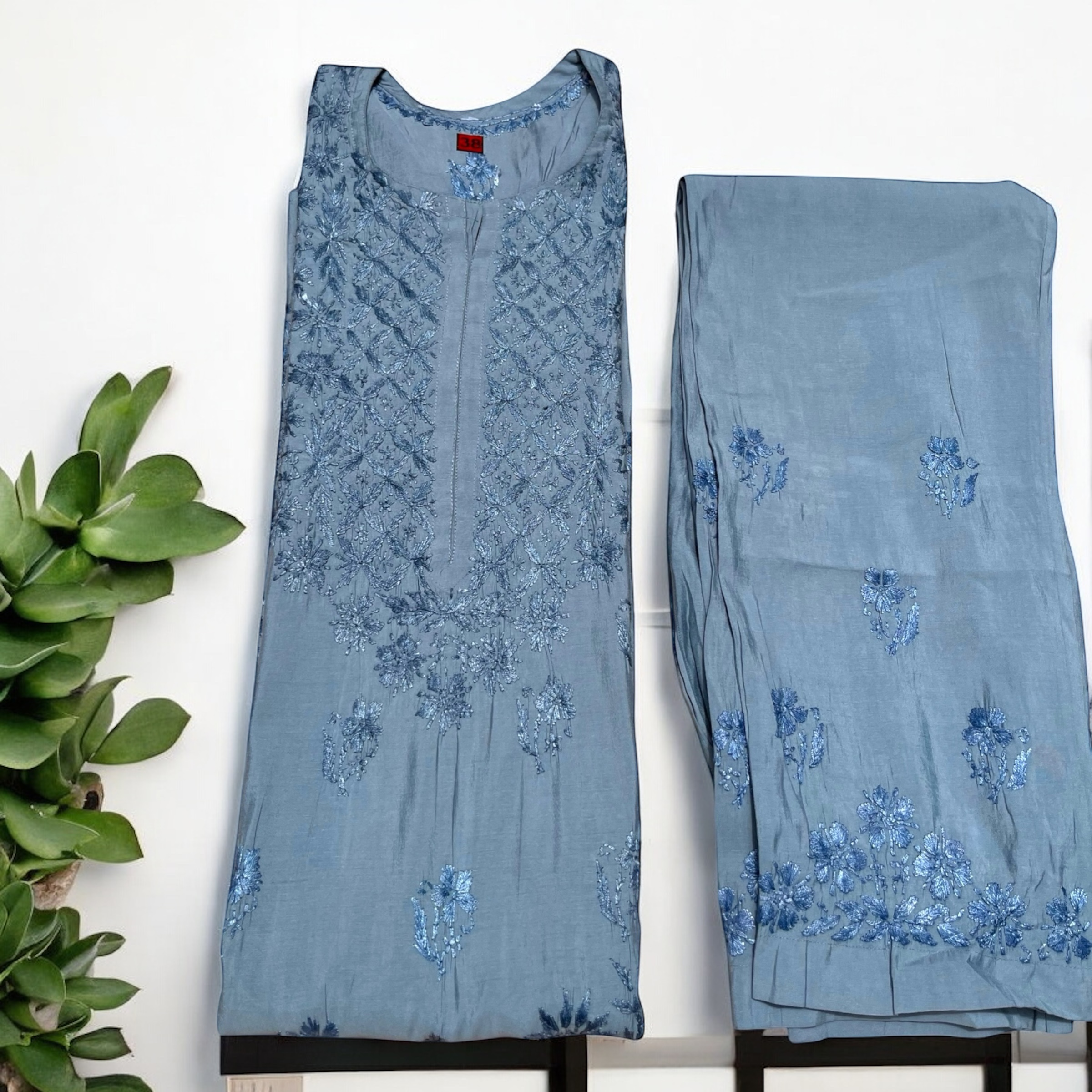Embroidered Grey Kurta Set cotton silk