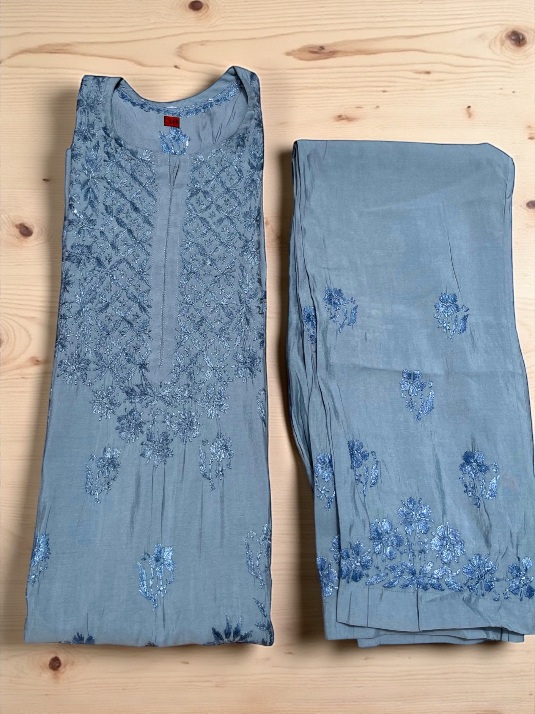 Embroidered Grey Kurta Set cotton silk