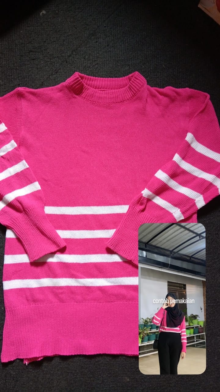 sweater rajut salur pink putih 